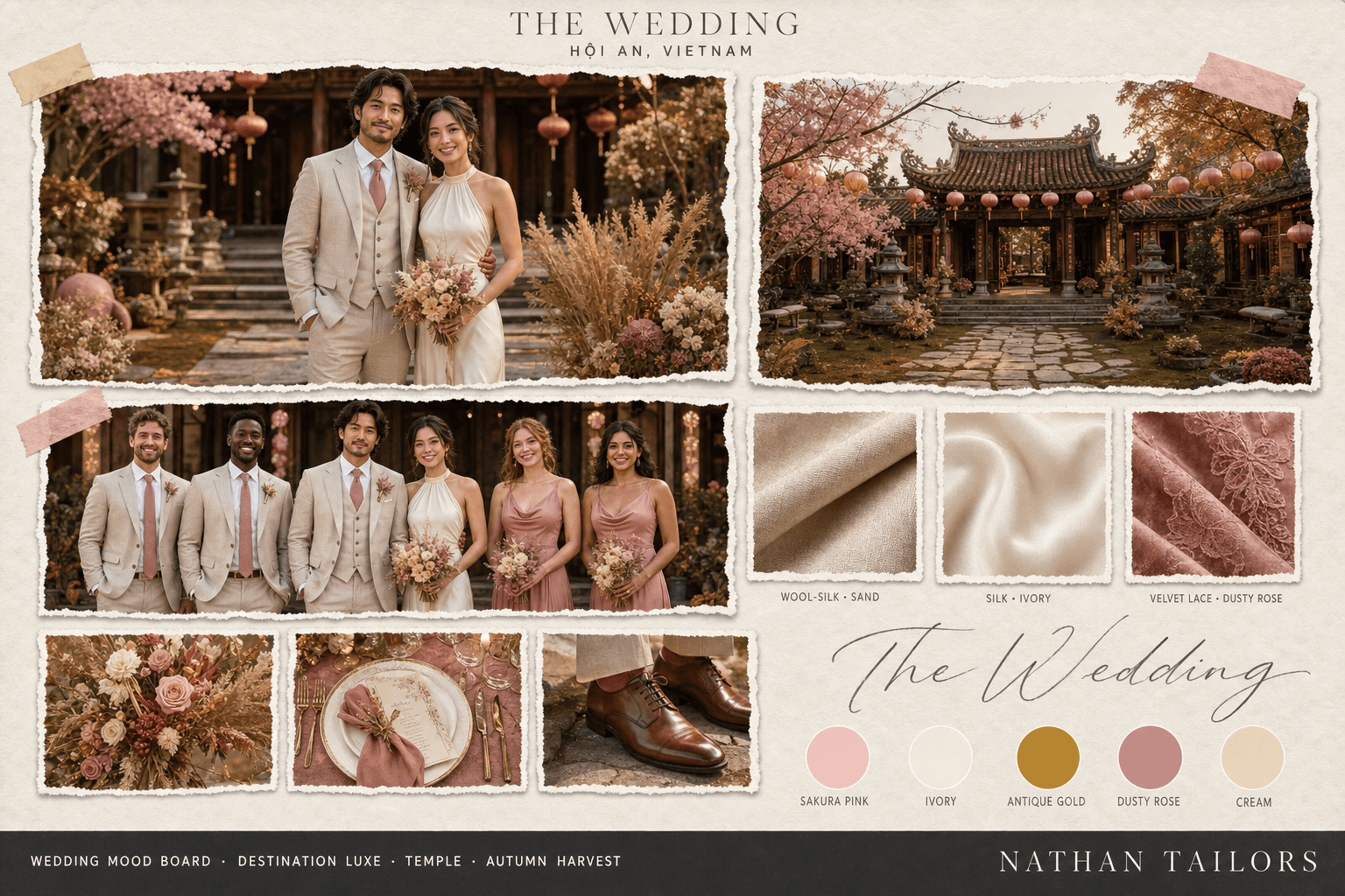 Sakura Pink, Ivory & Gold temple bespoke wedding attire mood board — custom tailored by Nathan Tailors, the Hoi An custom tailor