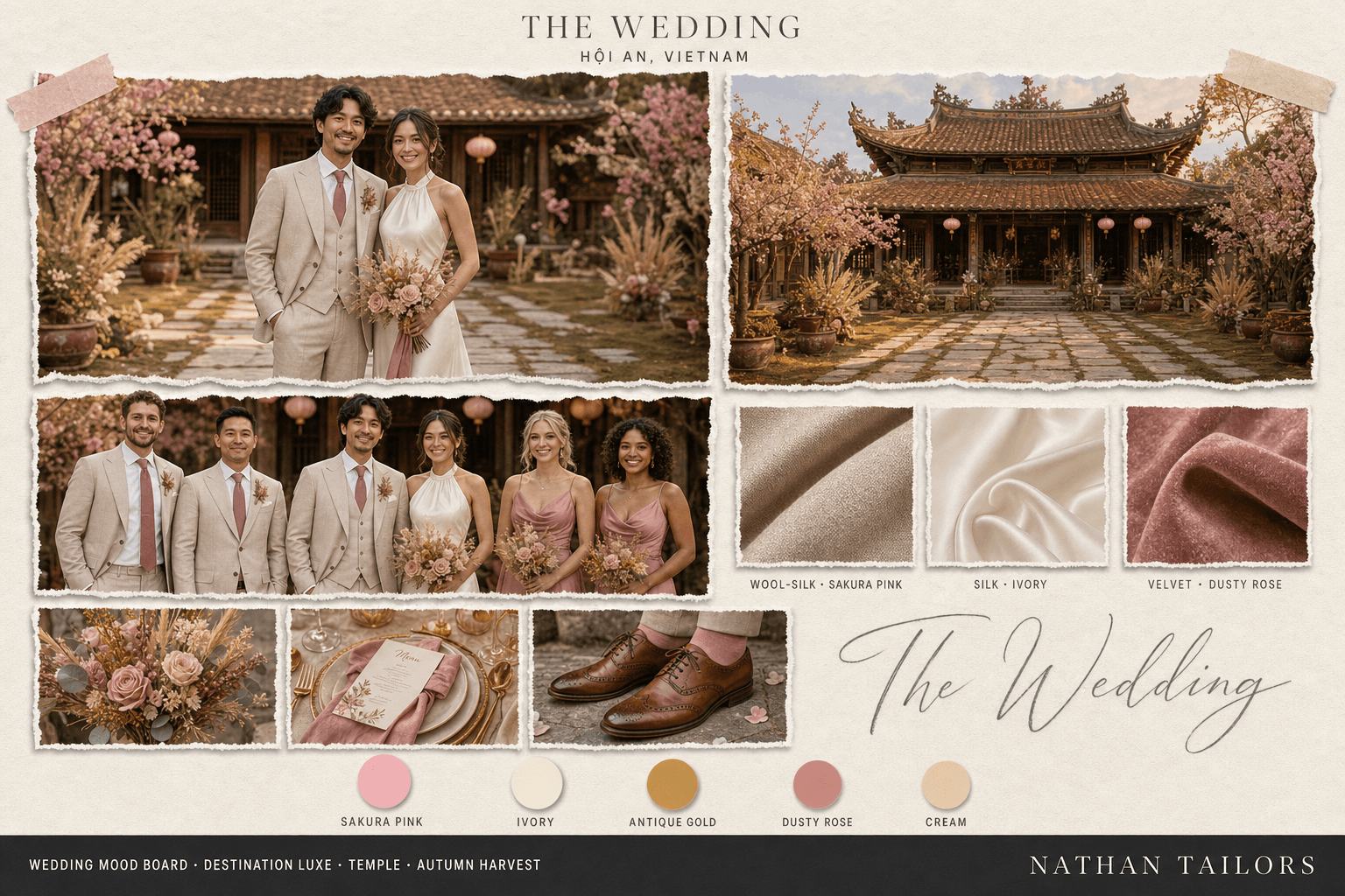 Hội An Lantern — Sakura Pink, Ivory & Gold temple wedding attire mood board — custom wedding attire mood board with bespoke groom suit and custom tailored bridesmaid dresses by Nathan Tailors, the Hoi An custom tailor. Sakura Pink, Ivory & Gold palette, temple venue, autumn harvest light.