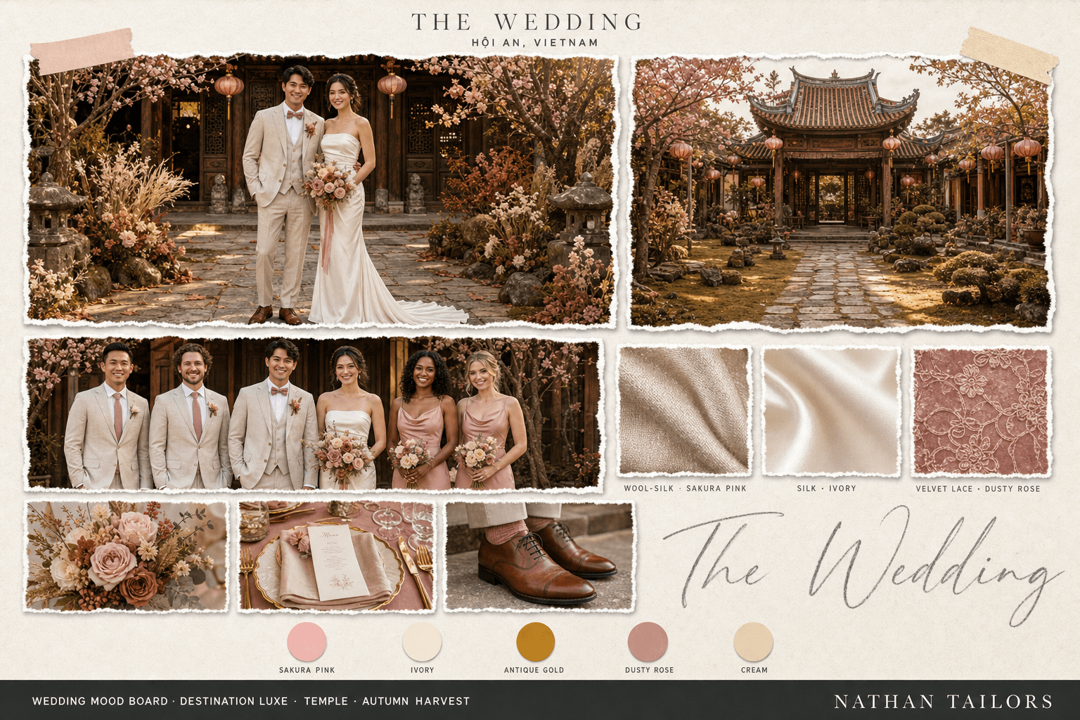Sakura Pink, Ivory & Gold temple bespoke wedding attire mood board — custom tailored by Nathan Tailors, the Hoi An custom tailor