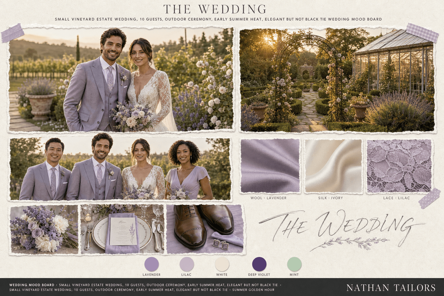 Lavender, Lilac & White garden wedding attire mood board — custom wedding attire mood board with bespoke groom suit and custom tailored bridesmaid dresses by Nathan Tailors, the Hoi An custom tailor. Lavender, Lilac & White palette, garden venue, summer golden hour light.