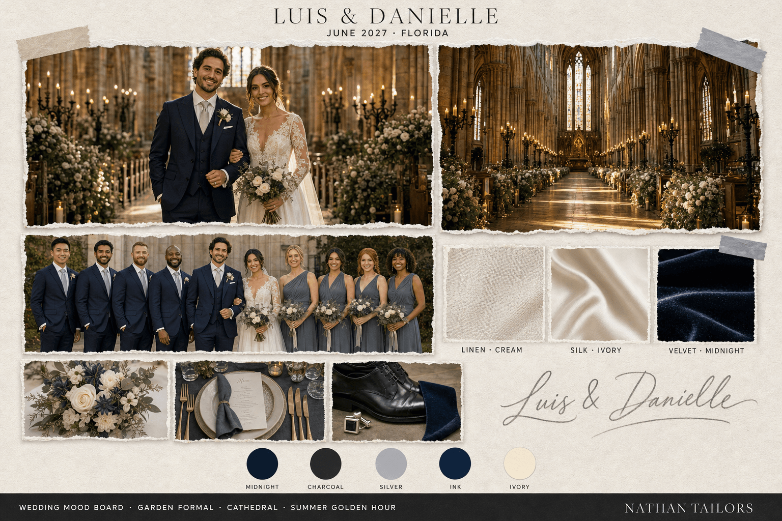 Midnight, Charcoal & Silver cathedral wedding attire mood board — custom wedding attire mood board with bespoke groom suit and custom tailored bridesmaid dresses by Nathan Tailors, the Hoi An custom tailor. Midnight, Charcoal & Silver palette, cathedral venue, summer golden hour light.