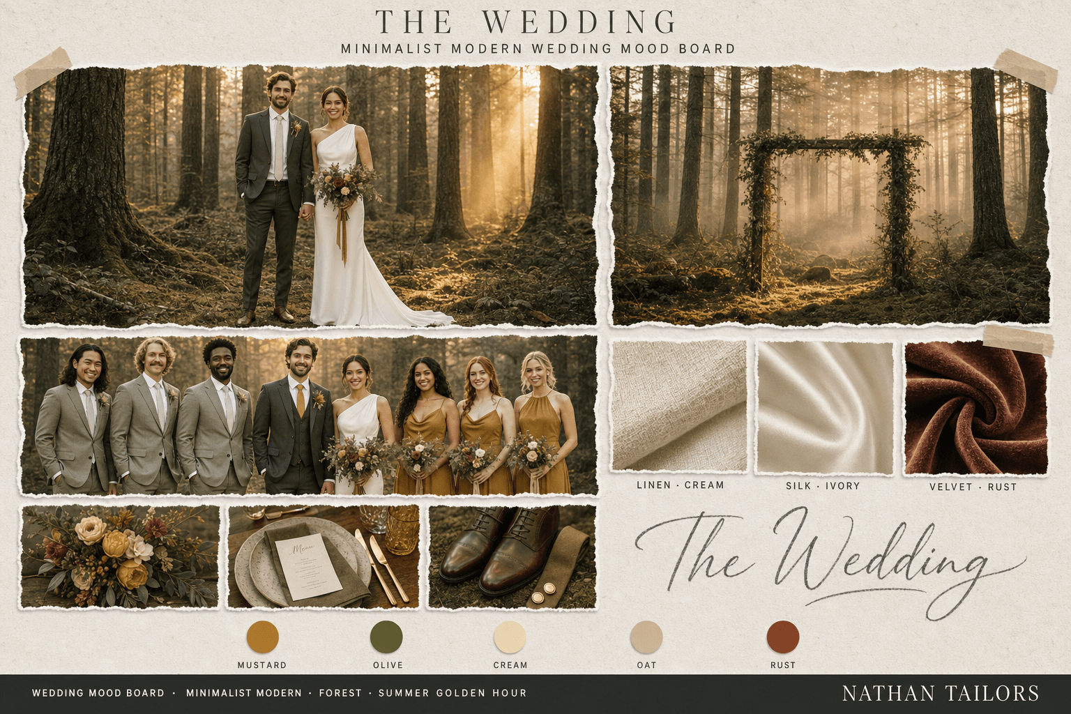 Mustard, Olive & Cream forest wedding attire mood board — custom wedding attire mood board with bespoke groom suit and custom tailored bridesmaid dresses by Nathan Tailors, the Hoi An custom tailor. Mustard, Olive & Cream palette, forest venue, summer golden hour light.