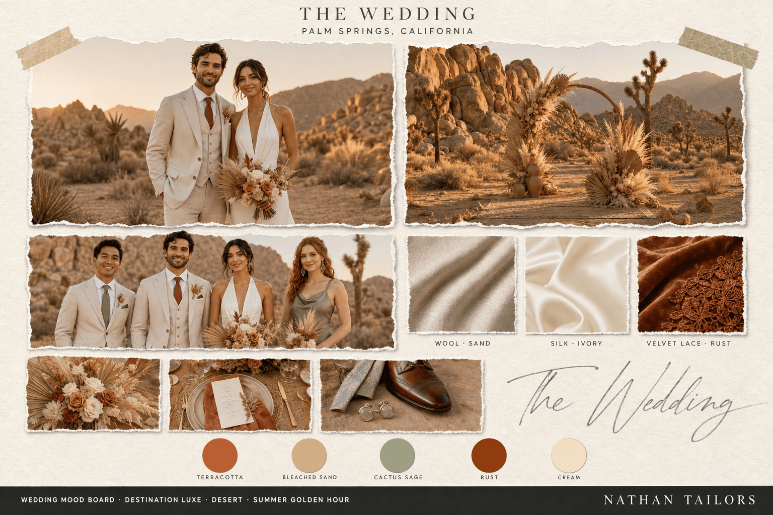 Palm Springs Desert — Desert Terracotta & Bleached Sand desert wedding attire mood board — custom wedding attire mood board with bespoke groom suit and custom tailored bridesmaid dresses by Nathan Tailors, the Hoi An custom tailor. Desert Terracotta & Bleached Sand palette, desert venue, summer golden hour light.