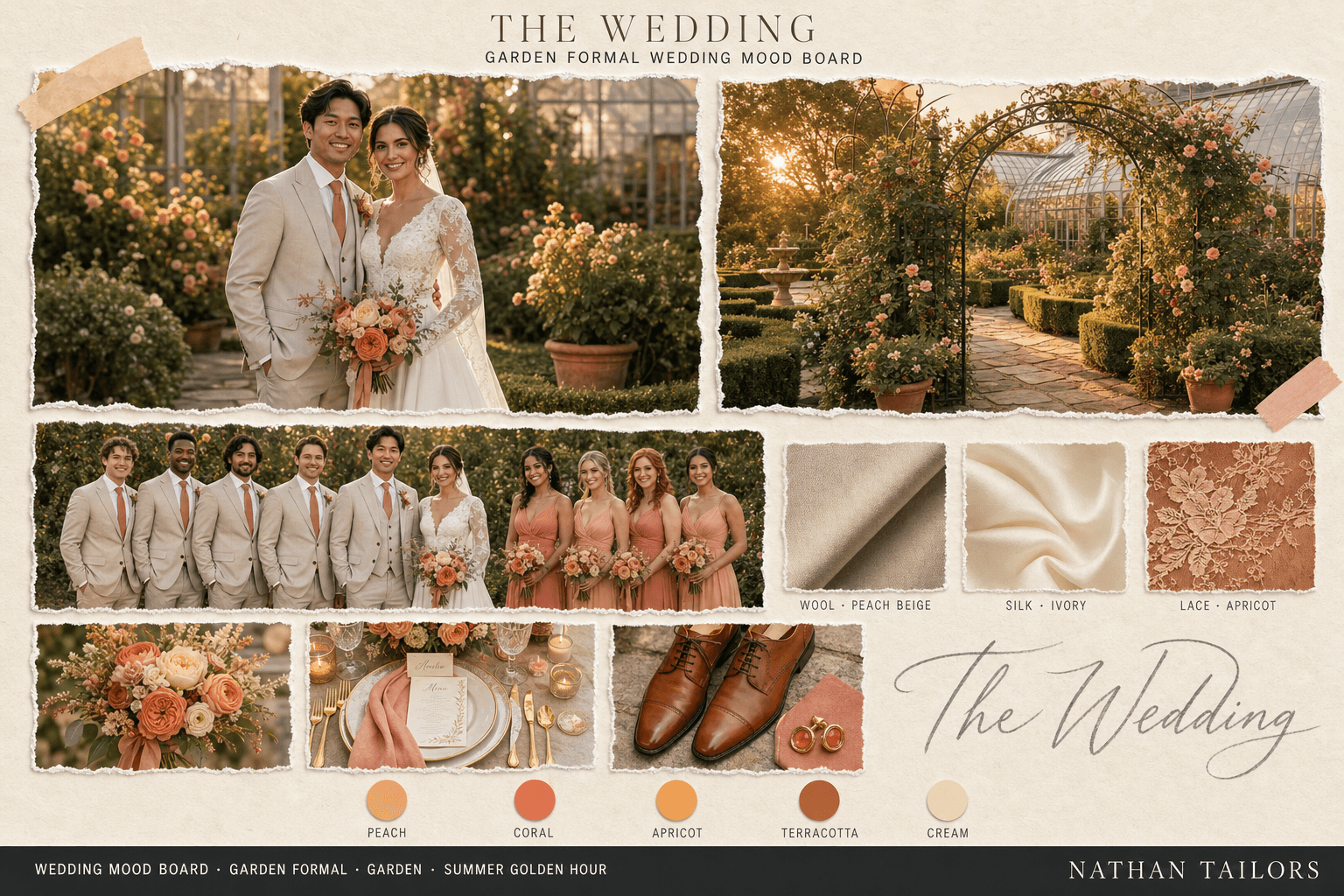 Peach, Coral & Apricot garden bespoke wedding attire mood board — custom tailored by Nathan Tailors, the Hoi An custom tailor