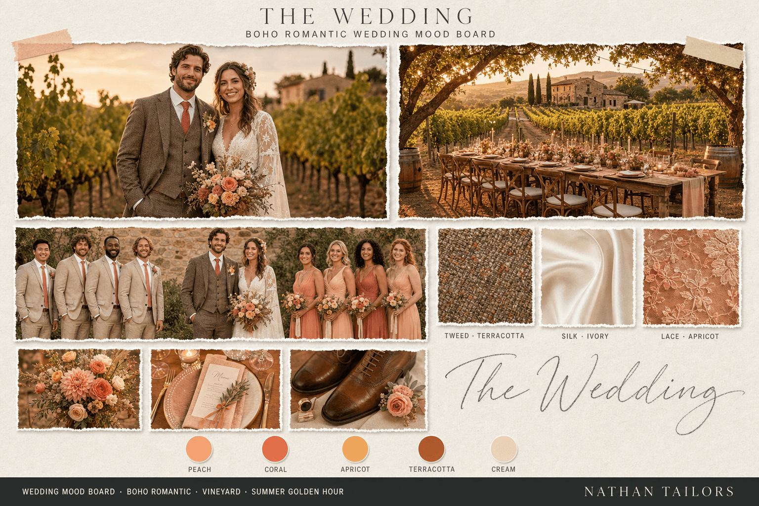 Peach, Coral & Apricot vineyard bespoke wedding attire mood board — custom tailored by Nathan Tailors, the Hoi An custom tailor