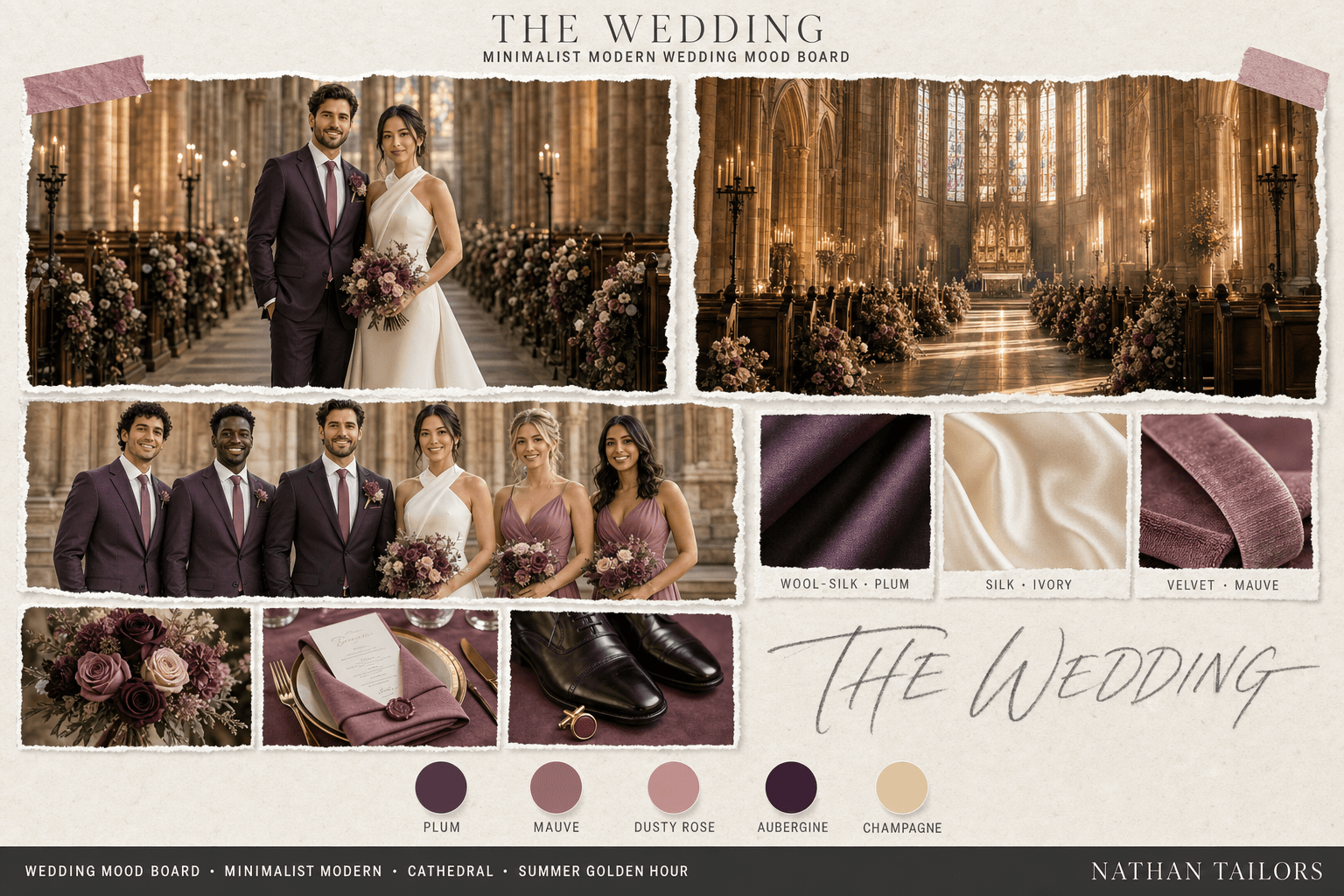 Plum, Mauve & Dusty Rose cathedral bespoke wedding attire mood board — custom tailored by Nathan Tailors, the Hoi An custom tailor