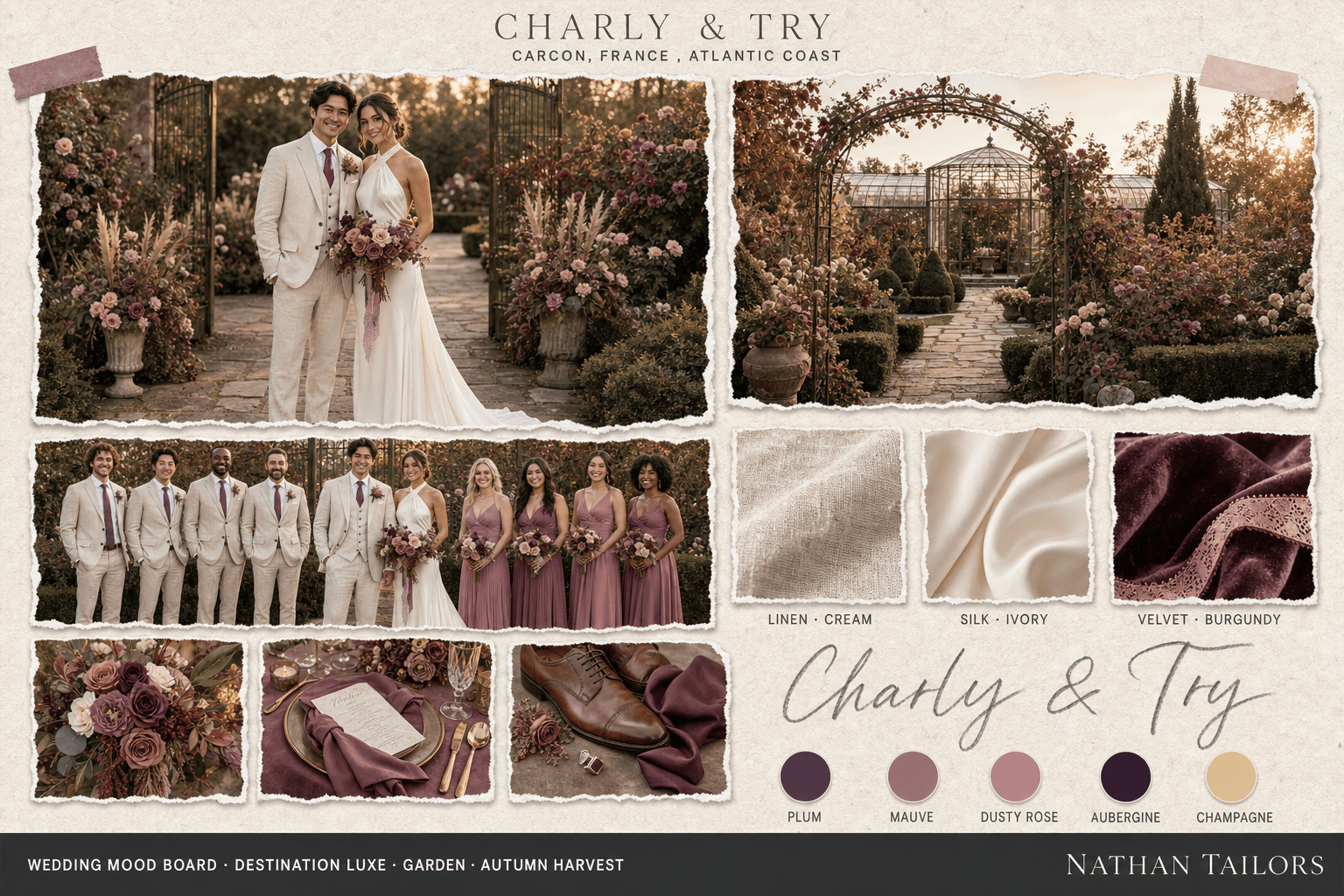 Plum, Mauve & Dusty Rose garden wedding attire mood board — custom wedding attire mood board with bespoke groom suit and custom tailored bridesmaid dresses by Nathan Tailors, the Hoi An custom tailor. Plum, Mauve & Dusty Rose palette, garden venue, autumn harvest light.