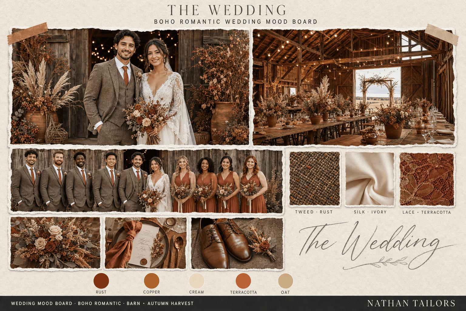 Rust, Copper & Cream barn wedding attire mood board — custom wedding attire mood board with bespoke groom suit and custom tailored bridesmaid dresses by Nathan Tailors, the Hoi An custom tailor. Rust, Copper & Cream palette, barn venue, autumn harvest light.