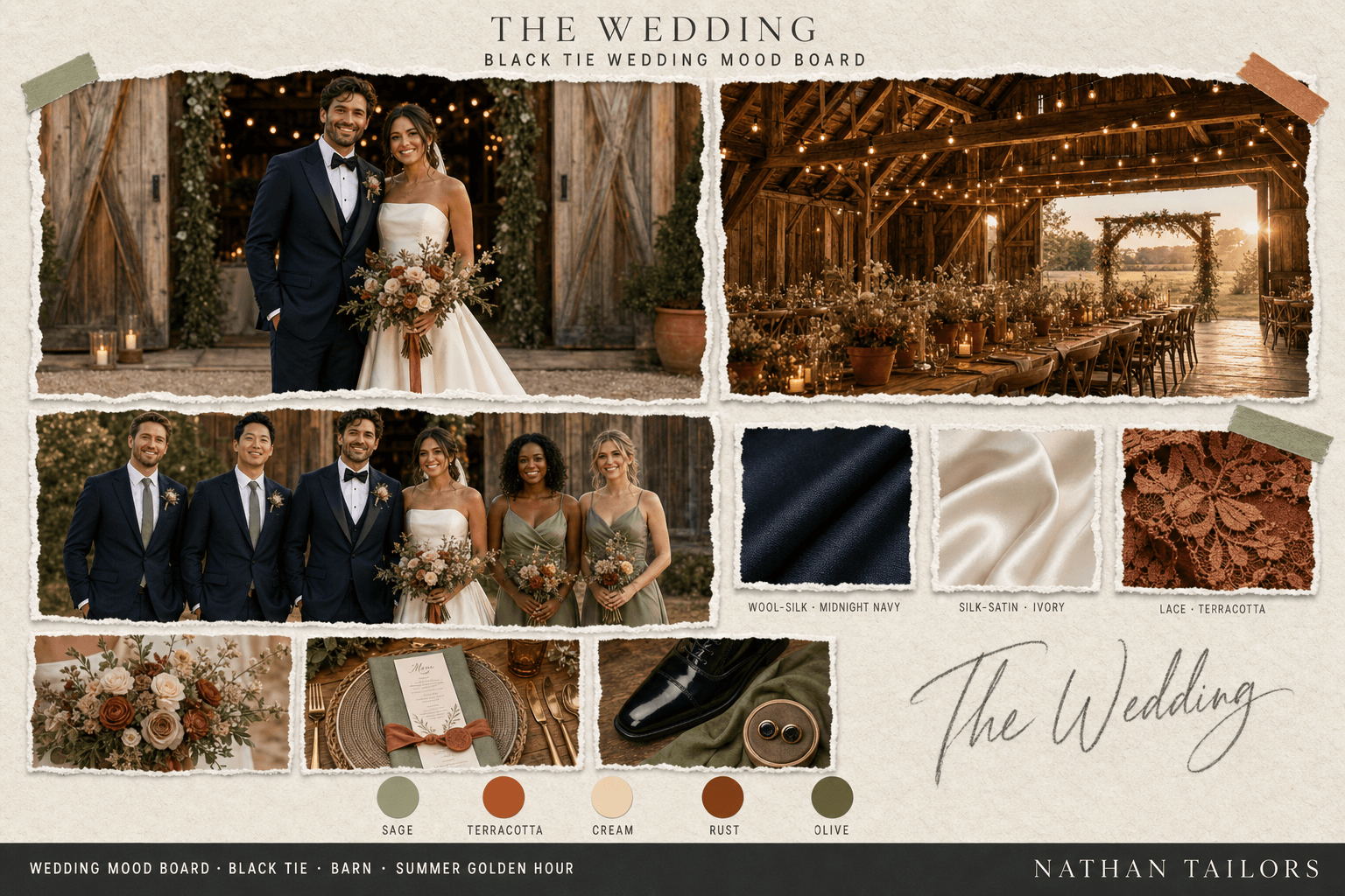 Sage, Terracotta & Cream barn wedding attire mood board — custom wedding attire mood board with bespoke groom suit and custom tailored bridesmaid dresses by Nathan Tailors, the Hoi An custom tailor. Sage, Terracotta & Cream palette, barn venue, summer golden hour light.