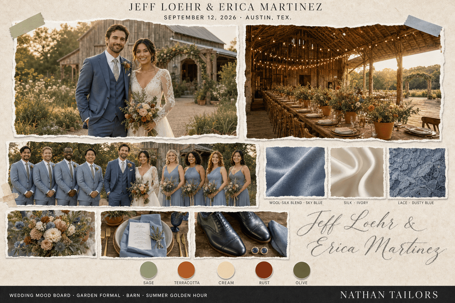 Sage, Terracotta & Cream barn bespoke wedding attire mood board — custom tailored by Nathan Tailors, the Hoi An custom tailor