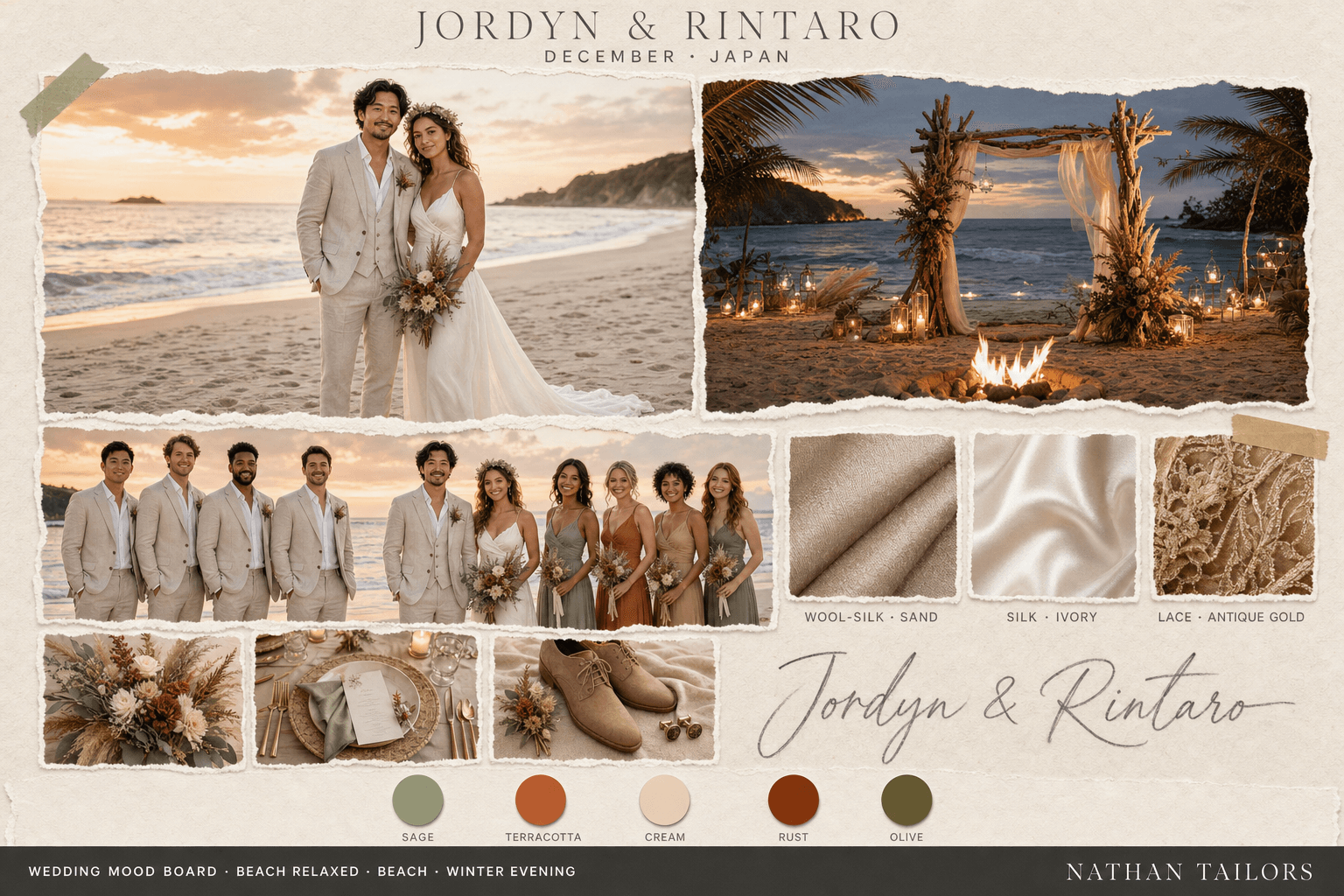 Sage, Terracotta & Cream beach bespoke wedding attire mood board — custom tailored by Nathan Tailors, the Hoi An custom tailor