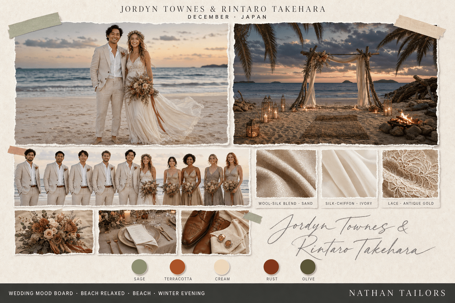 Sage, Terracotta & Cream beach wedding attire mood board — custom wedding attire mood board with bespoke groom suit and custom tailored bridesmaid dresses by Nathan Tailors, the Hoi An custom tailor. Sage, Terracotta & Cream palette, beach venue, winter evening light.