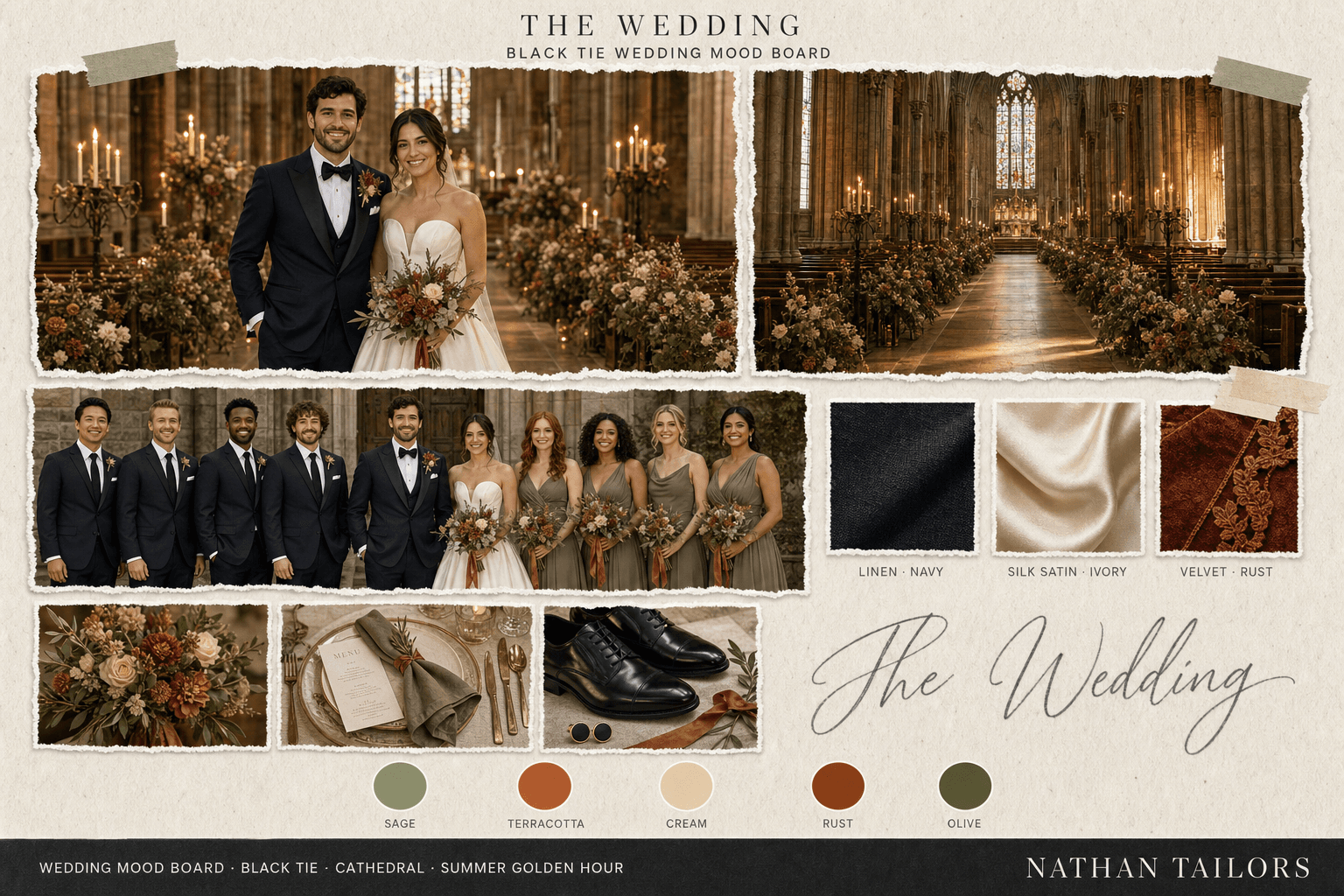 Sage, Terracotta & Cream cathedral bespoke wedding attire mood board — custom tailored by Nathan Tailors, the Hoi An custom tailor