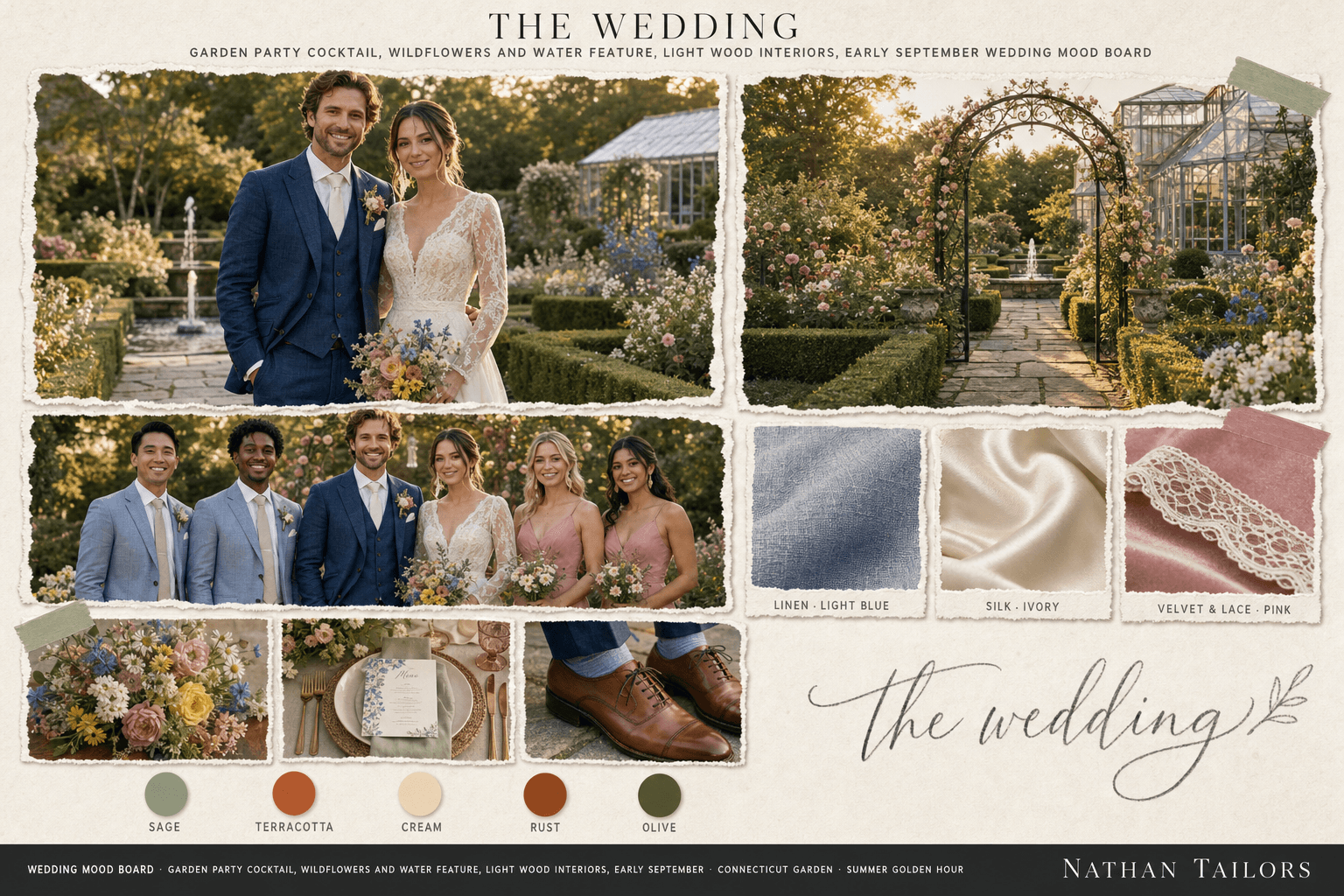 Sage, Terracotta & Cream garden bespoke wedding attire mood board — custom tailored by Nathan Tailors, the Hoi An custom tailor