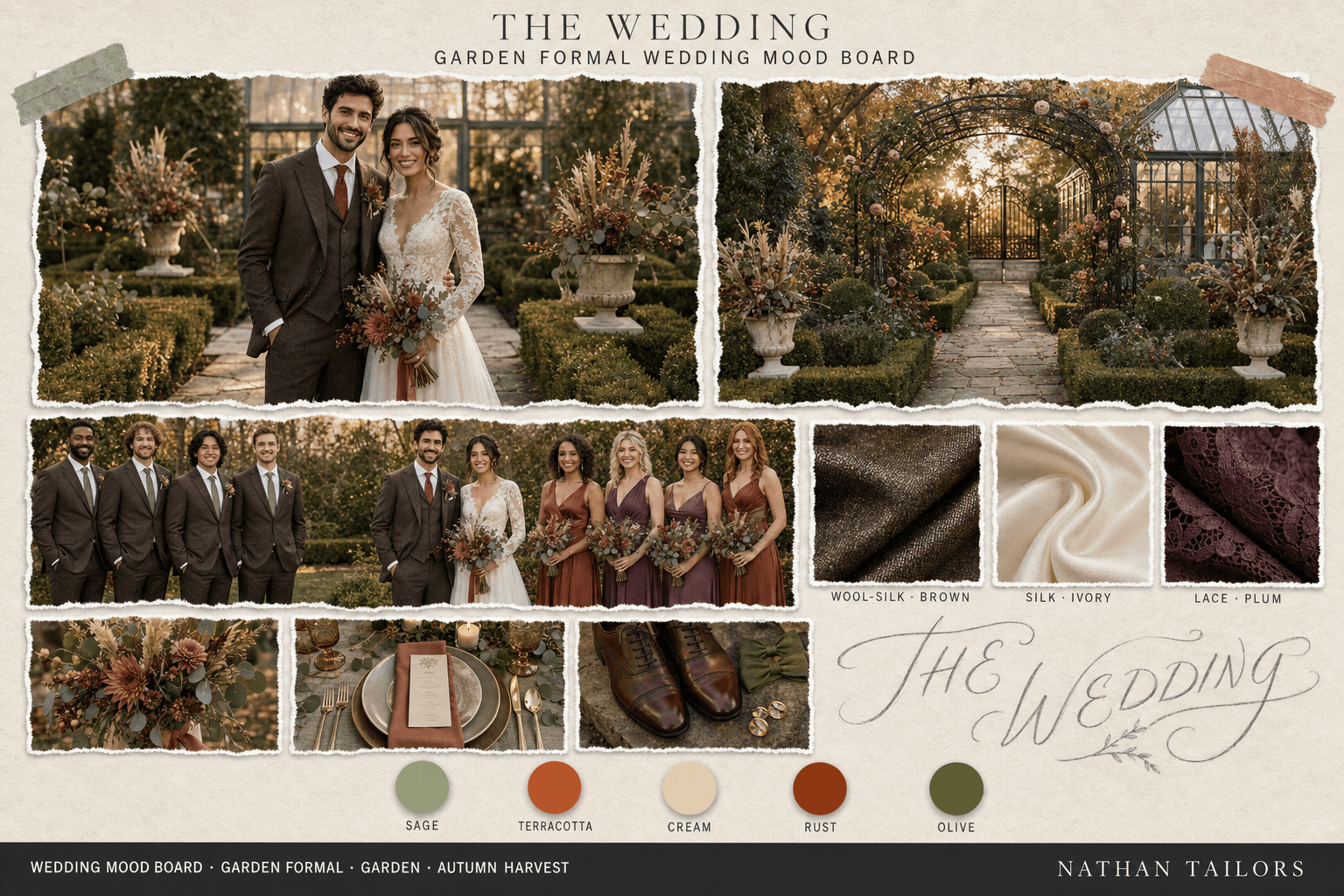 Sage, Terracotta & Cream garden wedding attire mood board — custom wedding attire mood board with bespoke groom suit and custom tailored bridesmaid dresses by Nathan Tailors, the Hoi An custom tailor. Sage, Terracotta & Cream palette, garden venue, autumn harvest light.