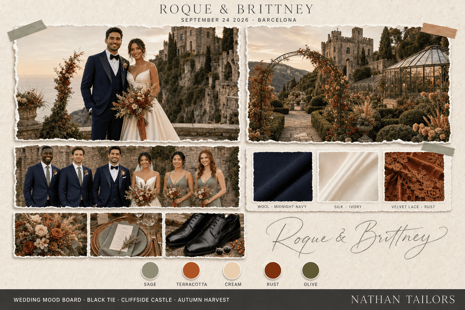 Sage, Terracotta & Cream garden wedding attire mood board — custom wedding attire mood board with bespoke groom suit and custom tailored bridesmaid dresses by Nathan Tailors, the Hoi An custom tailor. Sage, Terracotta & Cream palette, garden venue, autumn harvest light.
