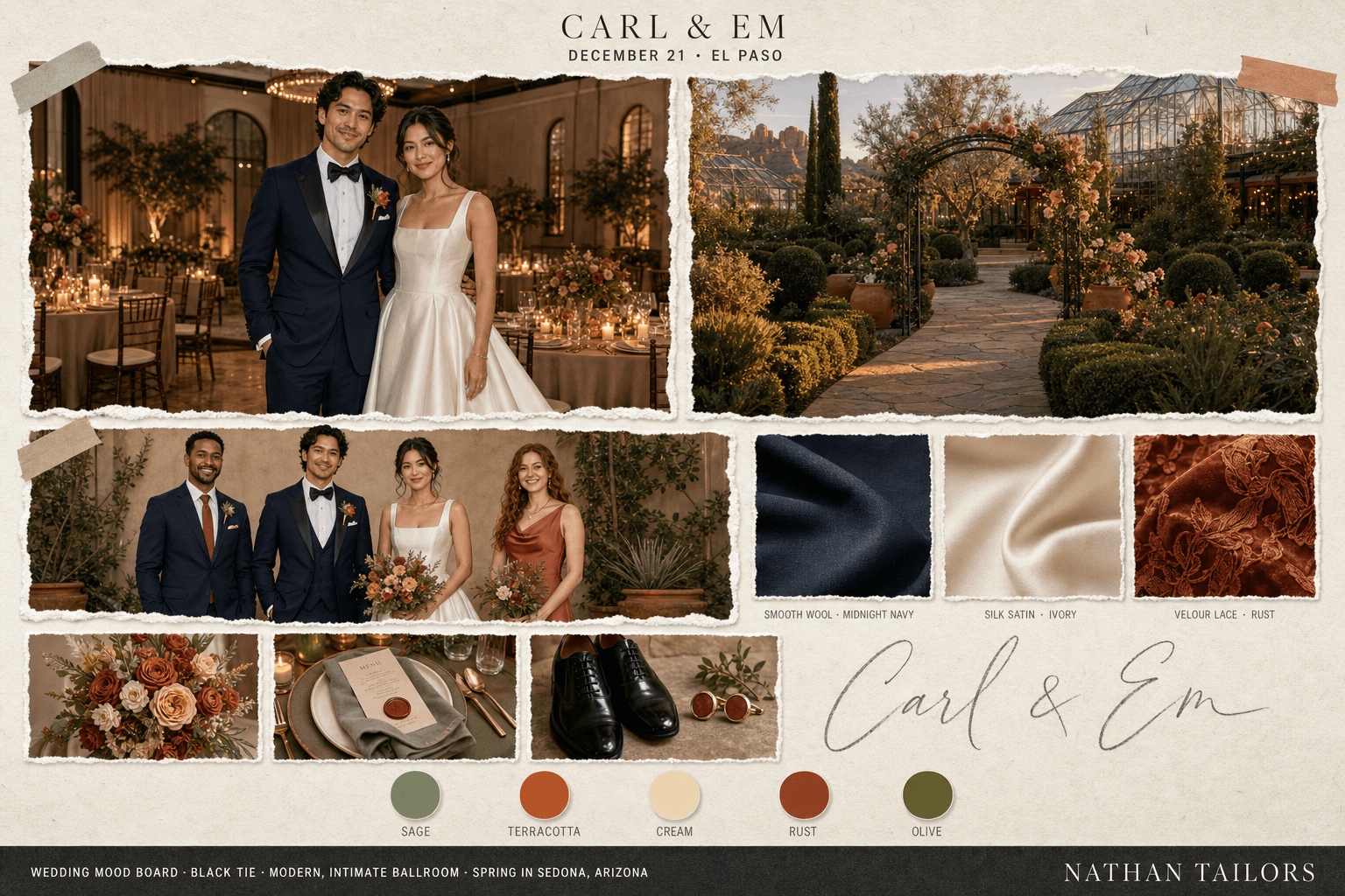 Sage, Terracotta & Cream garden wedding attire mood board — custom wedding attire mood board with bespoke groom suit and custom tailored bridesmaid dresses by Nathan Tailors, the Hoi An custom tailor. Sage, Terracotta & Cream palette, garden venue, summer golden hour light.