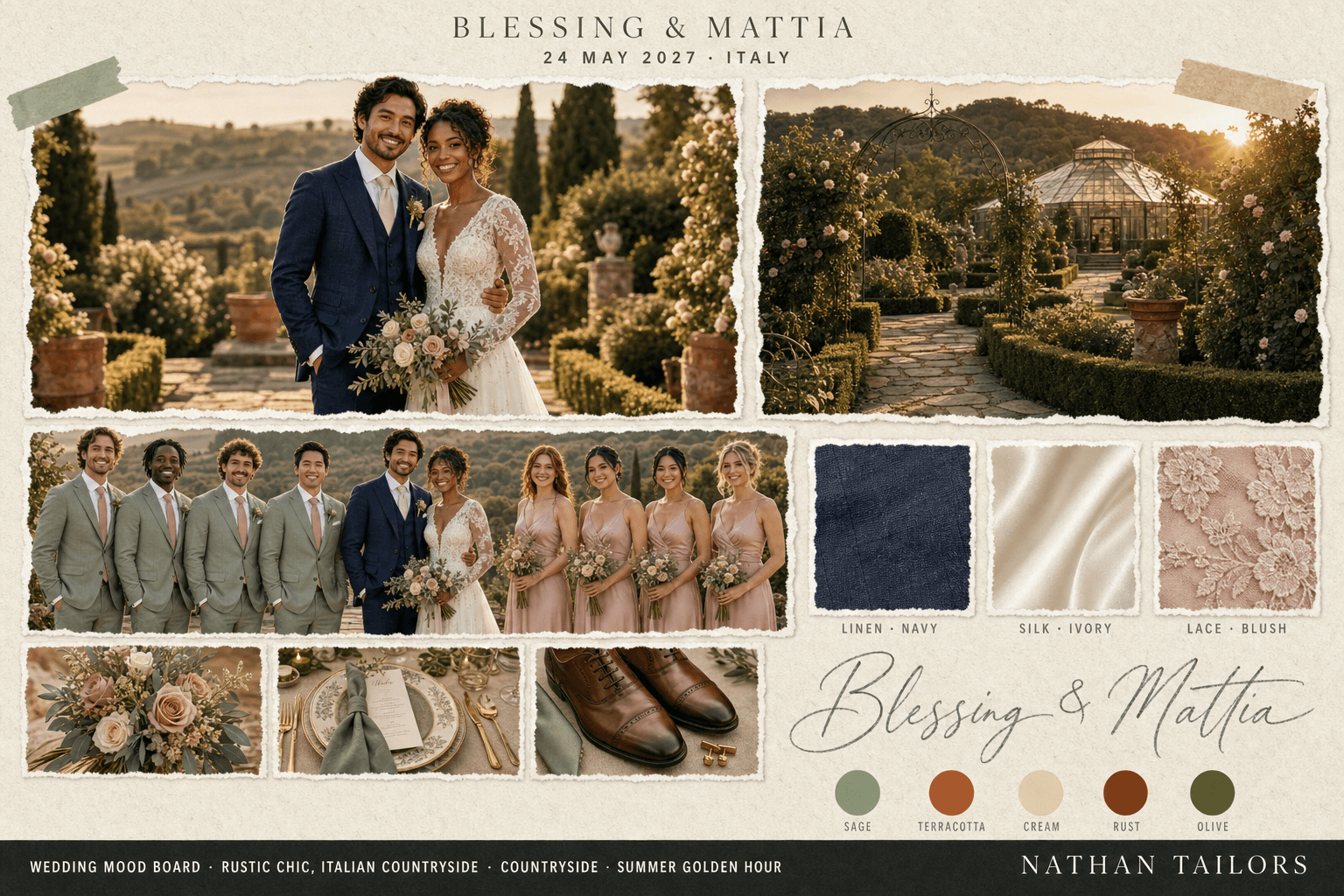Sage, Terracotta & Cream garden bespoke wedding attire mood board — custom tailored by Nathan Tailors, the Hoi An custom tailor