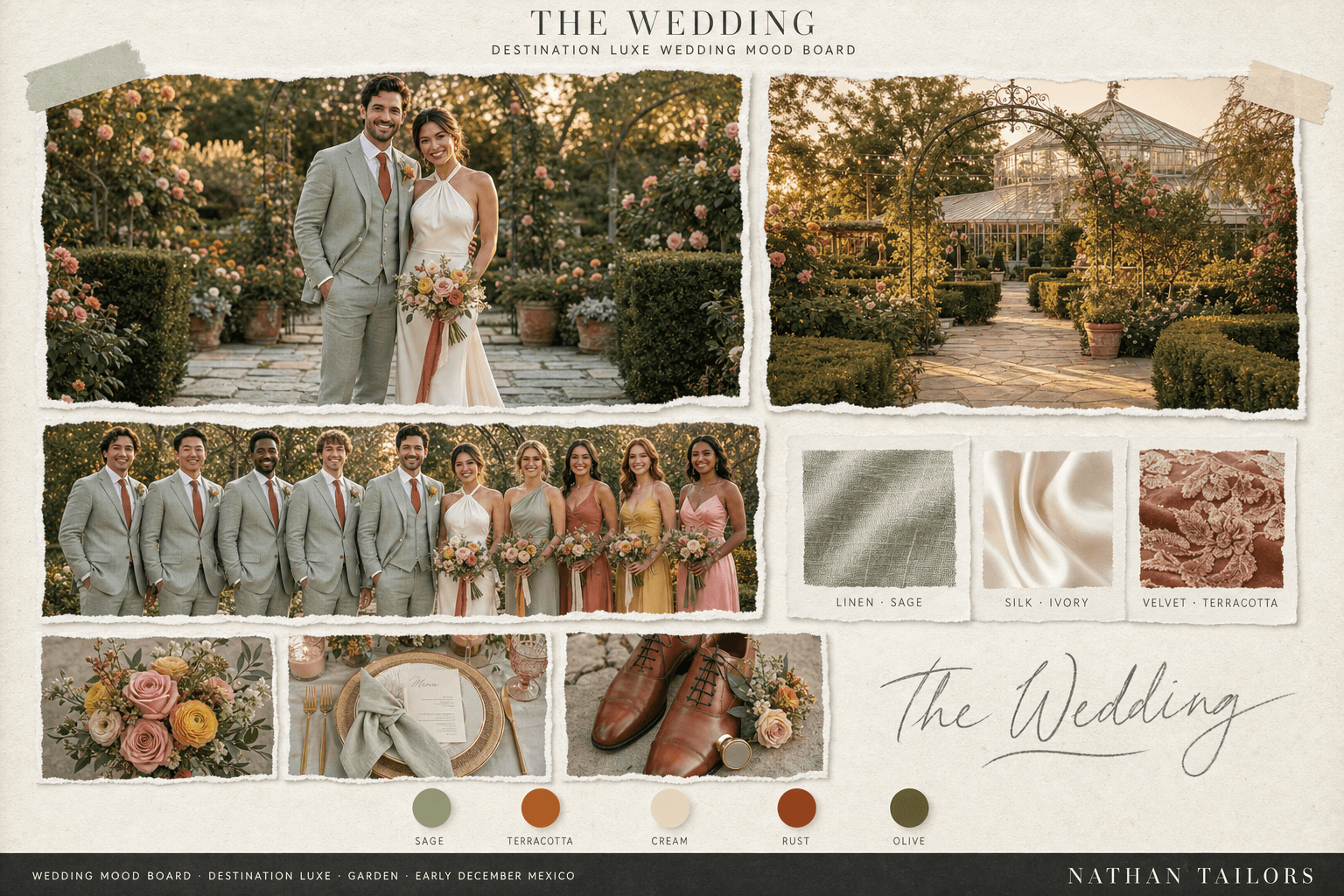 Sage, Terracotta & Cream garden wedding attire mood board — custom wedding attire mood board with bespoke groom suit and custom tailored bridesmaid dresses by Nathan Tailors, the Hoi An custom tailor. Sage, Terracotta & Cream palette, garden venue, summer golden hour light.
