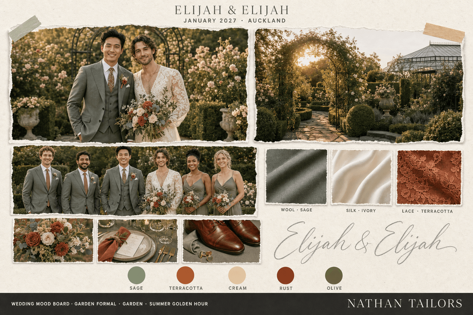 Sage, Terracotta & Cream garden wedding attire mood board — custom wedding attire mood board with bespoke groom suit and custom tailored bridesmaid dresses by Nathan Tailors, the Hoi An custom tailor. Sage, Terracotta & Cream palette, garden venue, summer golden hour light.