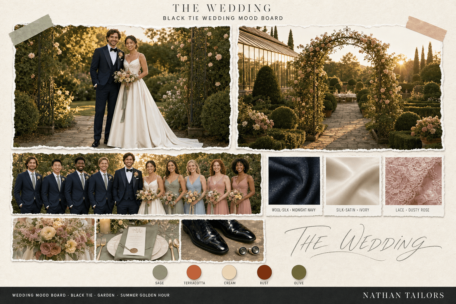 Sage, Terracotta & Cream garden wedding attire mood board — custom wedding attire mood board with bespoke groom suit and custom tailored bridesmaid dresses by Nathan Tailors, the Hoi An custom tailor. Sage, Terracotta & Cream palette, garden venue, summer golden hour light.