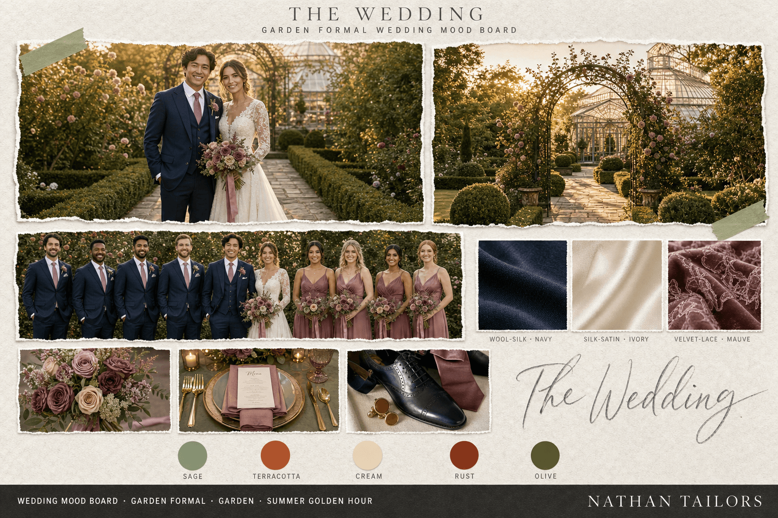 Sage, Terracotta & Cream garden wedding attire mood board — custom wedding attire mood board with bespoke groom suit and custom tailored bridesmaid dresses by Nathan Tailors, the Hoi An custom tailor. Sage, Terracotta & Cream palette, garden venue, summer golden hour light.