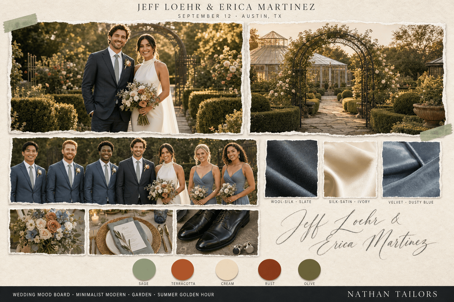 Sage, Terracotta & Cream garden bespoke wedding attire mood board — custom tailored by Nathan Tailors, the Hoi An custom tailor