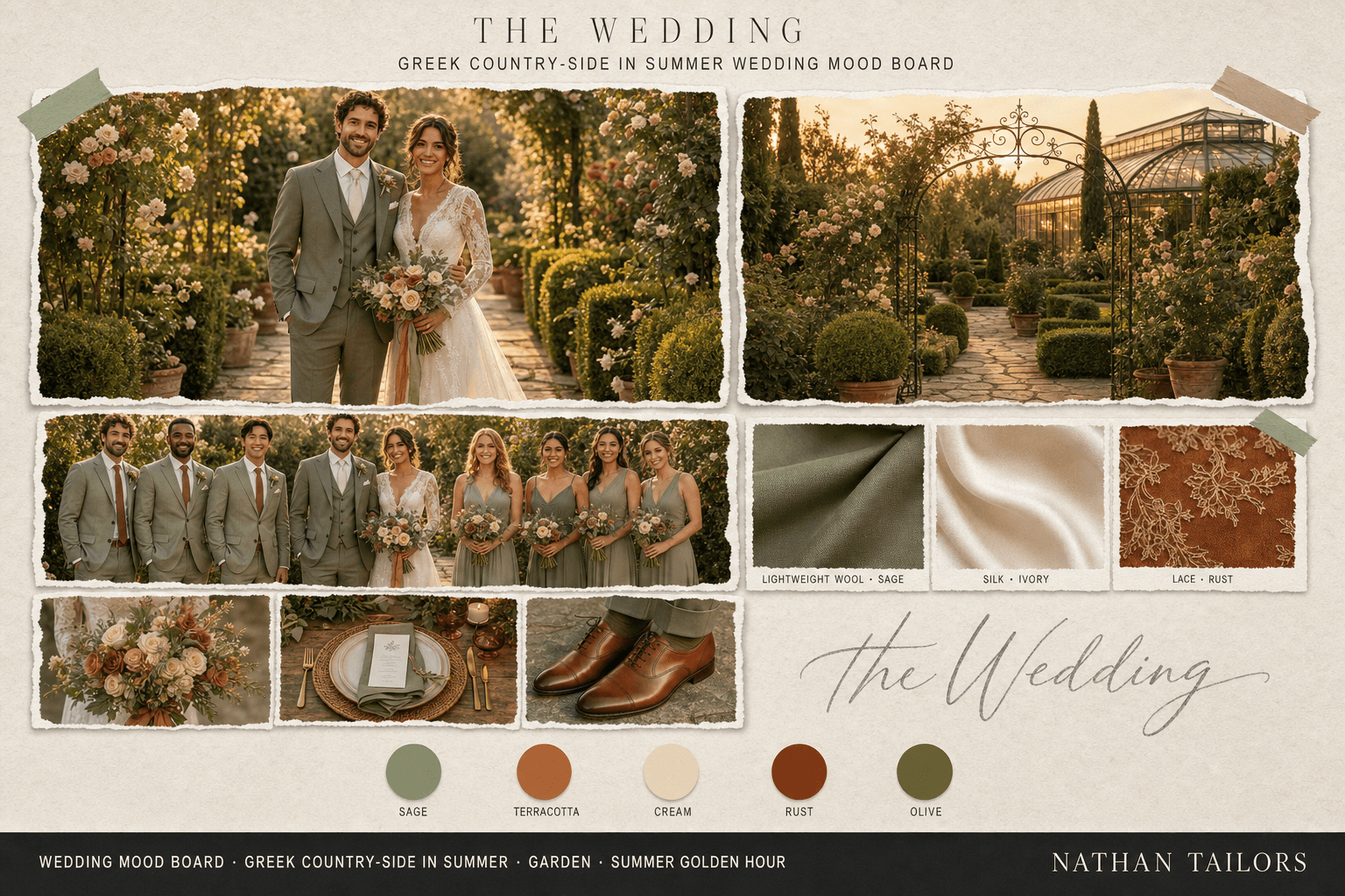 Sage, Terracotta & Cream garden bespoke wedding attire mood board — custom tailored by Nathan Tailors, the Hoi An custom tailor
