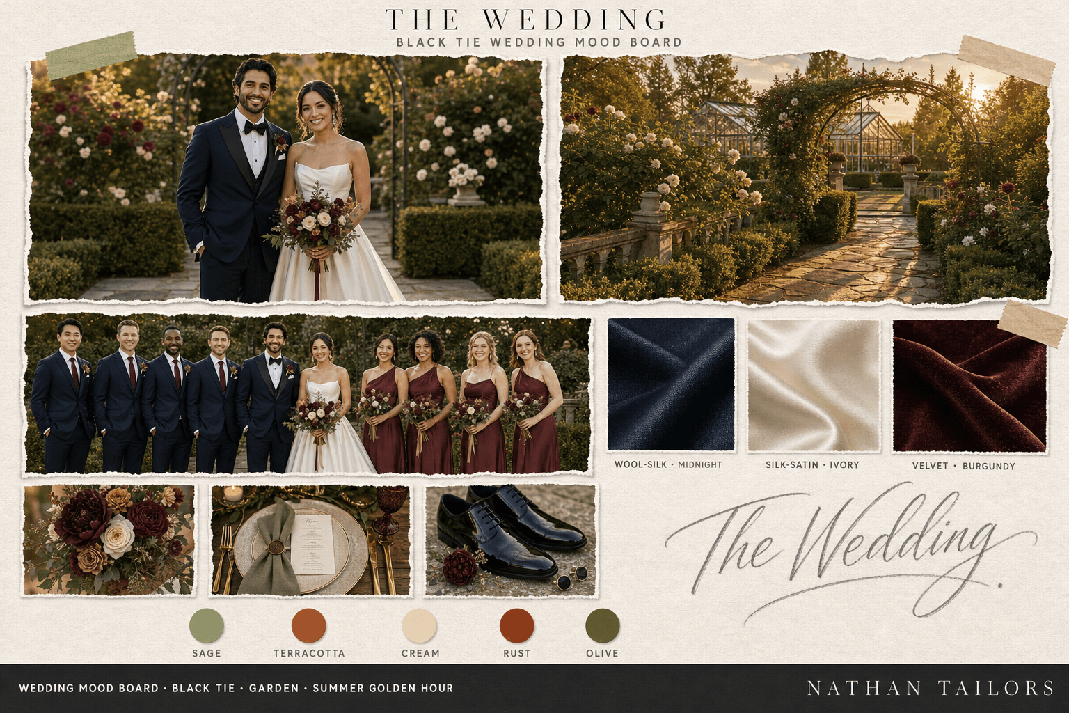 Sage, Terracotta & Cream garden wedding attire mood board — custom wedding attire mood board with bespoke groom suit and custom tailored bridesmaid dresses by Nathan Tailors, the Hoi An custom tailor. Sage, Terracotta & Cream palette, garden venue, summer golden hour light.