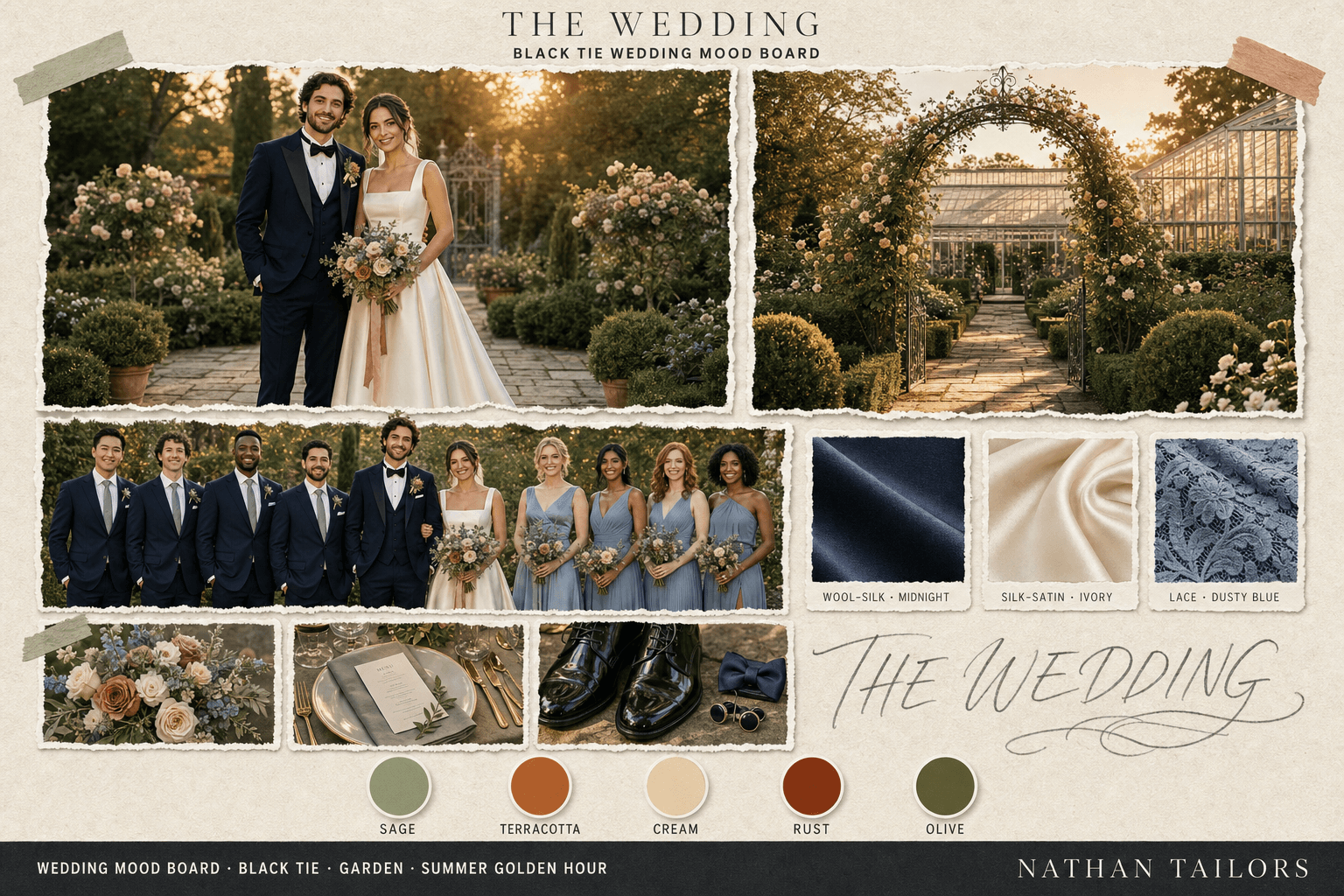 Sage, Terracotta & Cream garden bespoke wedding attire mood board — custom tailored by Nathan Tailors, the Hoi An custom tailor