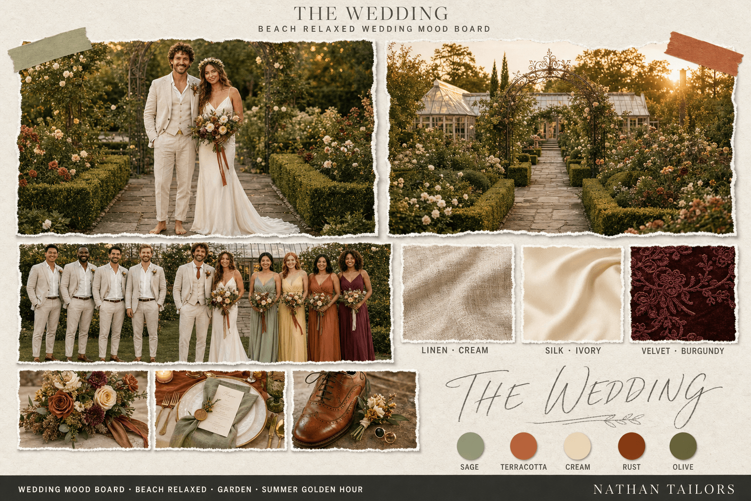 Sage, Terracotta & Cream garden wedding attire mood board — custom wedding attire mood board with bespoke groom suit and custom tailored bridesmaid dresses by Nathan Tailors, the Hoi An custom tailor. Sage, Terracotta & Cream palette, garden venue, summer golden hour light.