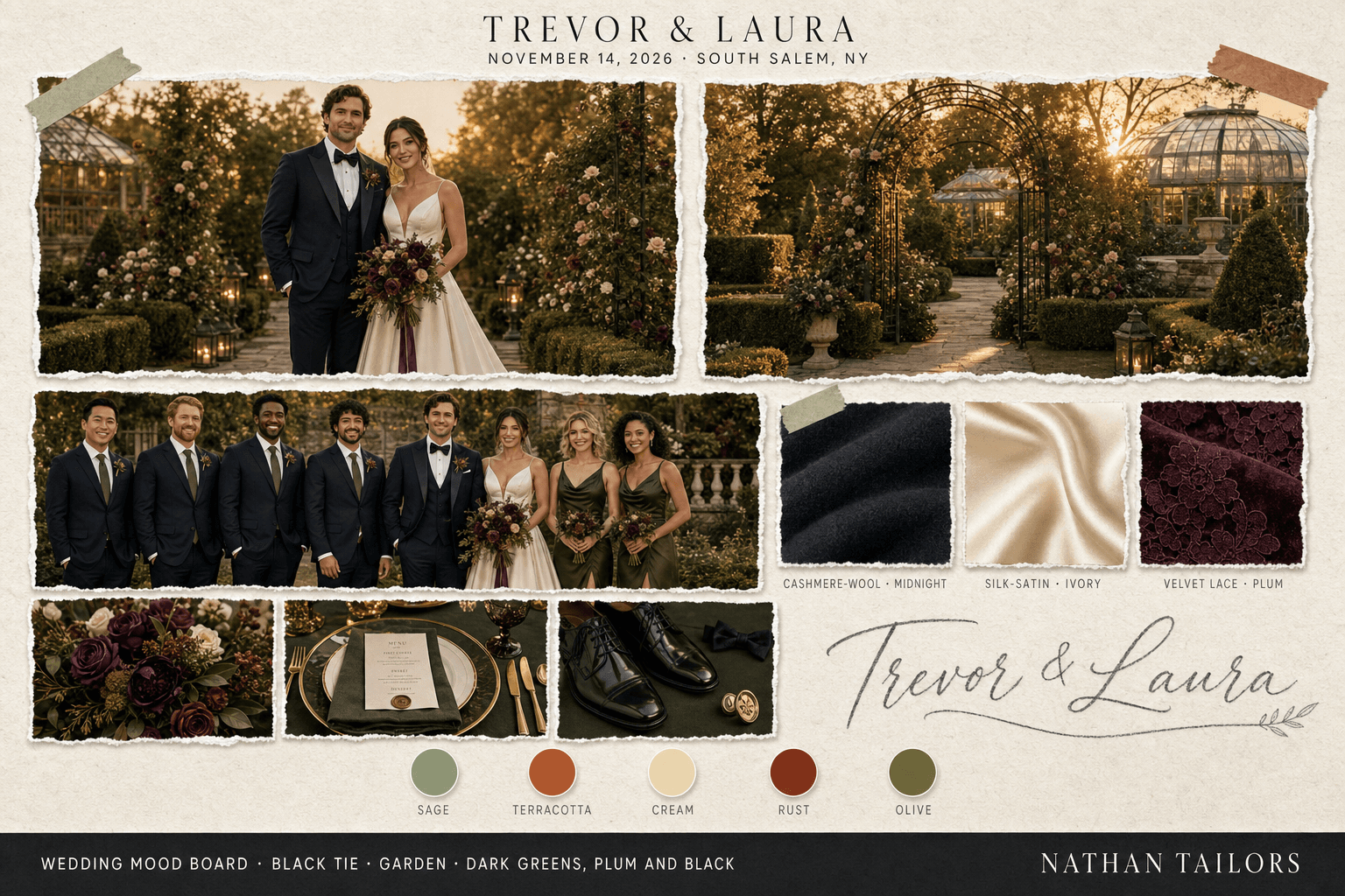 Sage, Terracotta & Cream garden wedding attire mood board — custom wedding attire mood board with bespoke groom suit and custom tailored bridesmaid dresses by Nathan Tailors, the Hoi An custom tailor. Sage, Terracotta & Cream palette, garden venue, summer golden hour light.