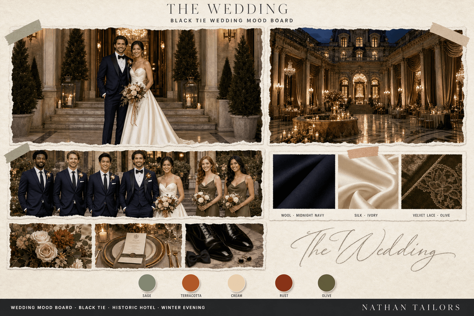 Sage, Terracotta & Cream historic hotel wedding attire mood board — custom wedding attire mood board with bespoke groom suit and custom tailored bridesmaid dresses by Nathan Tailors, the Hoi An custom tailor. Sage, Terracotta & Cream palette, historic hotel venue, winter evening light.