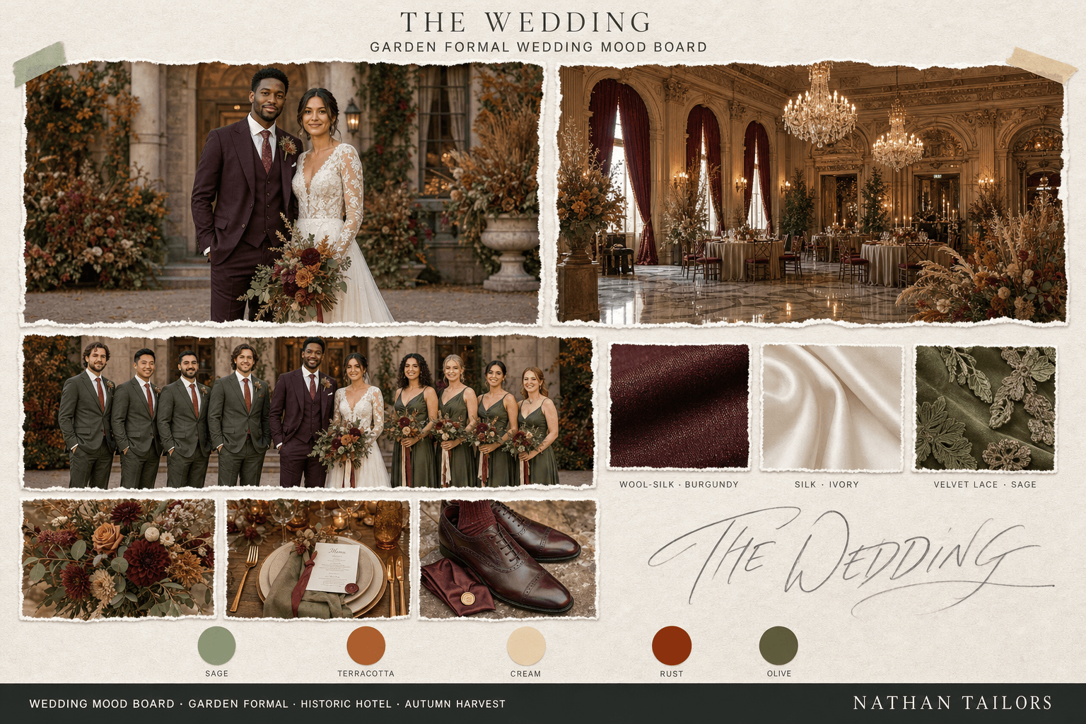 Sage, Terracotta & Cream historic hotel wedding attire mood board — custom wedding attire mood board with bespoke groom suit and custom tailored bridesmaid dresses by Nathan Tailors, the Hoi An custom tailor. Sage, Terracotta & Cream palette, historic hotel venue, autumn harvest light.