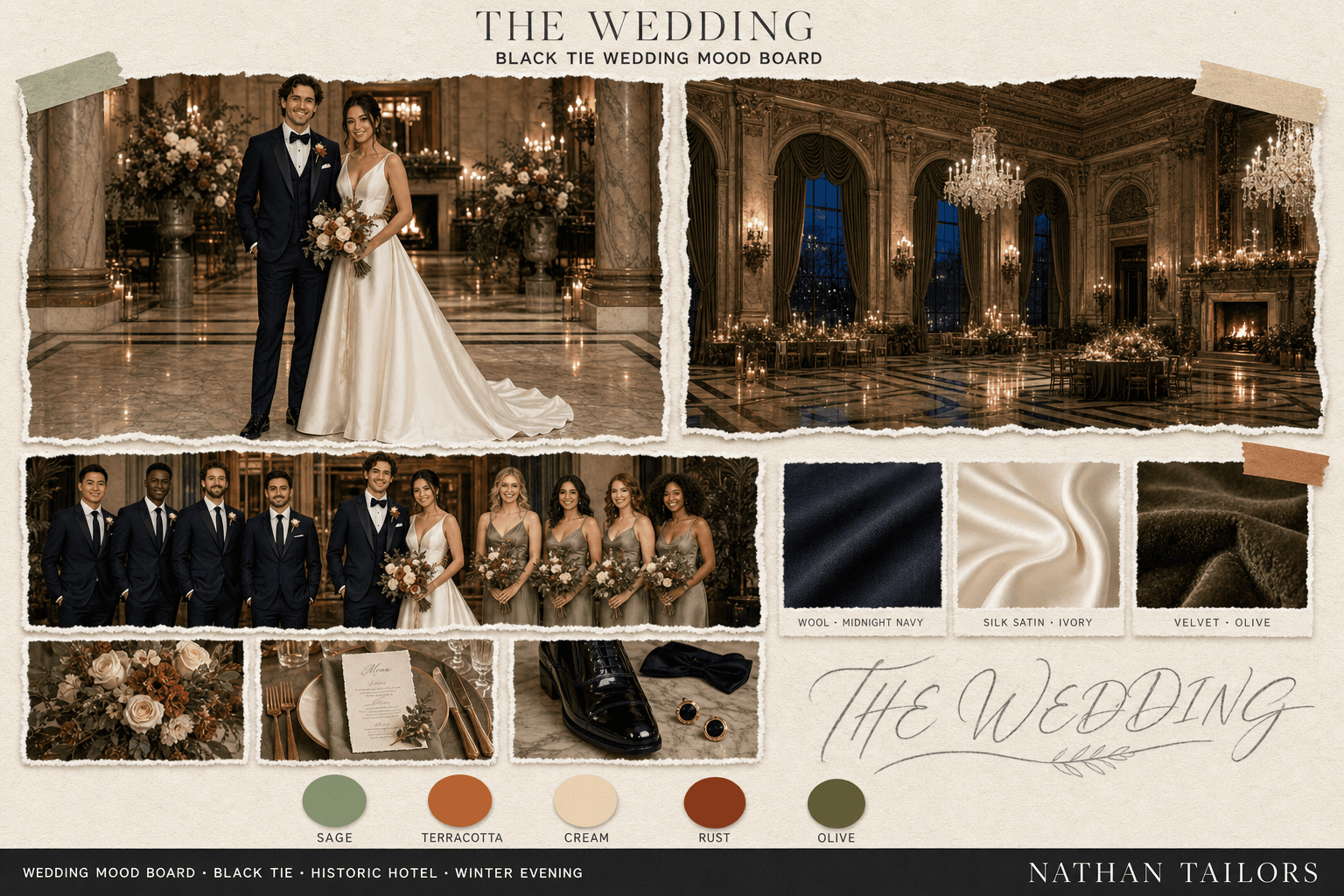Sage, Terracotta & Cream historic hotel bespoke wedding attire mood board — custom tailored by Nathan Tailors, the Hoi An custom tailor