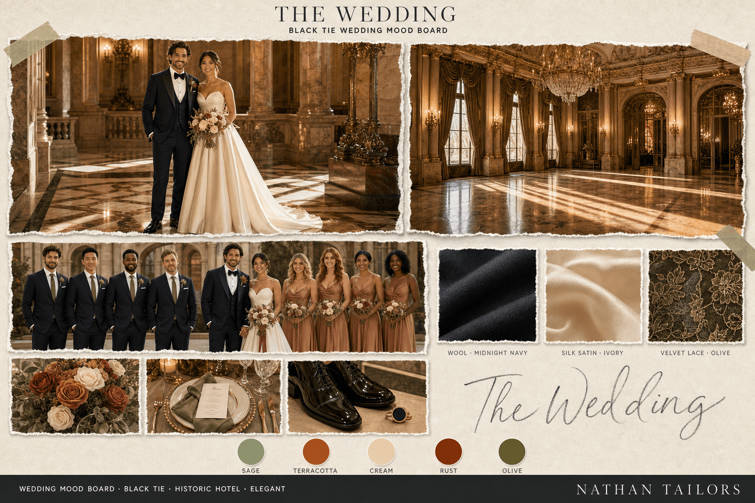 Sage, Terracotta & Cream historic hotel bespoke wedding attire mood board — custom tailored by Nathan Tailors, the Hoi An custom tailor