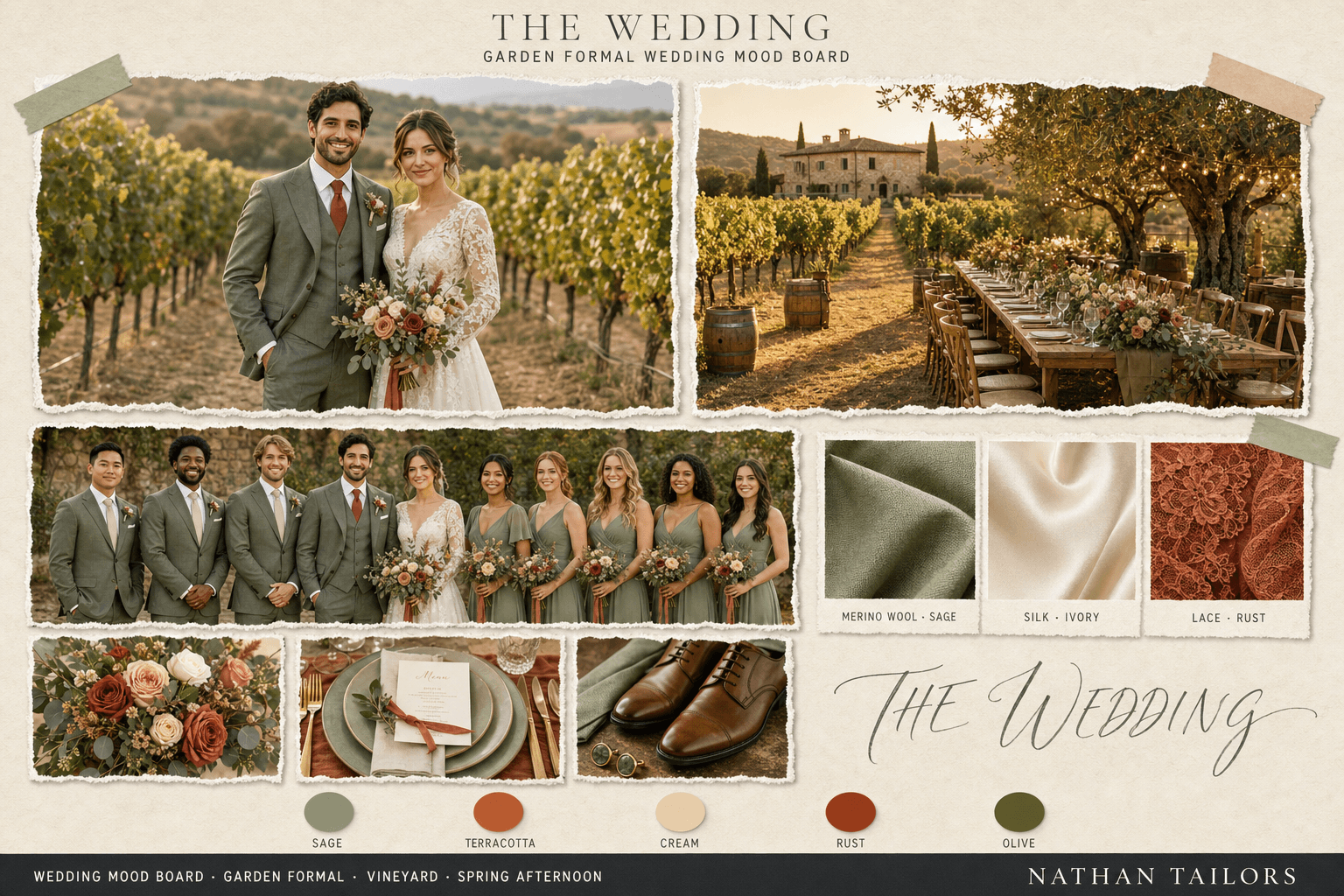 Sage, Terracotta & Cream vineyard bespoke wedding attire mood board — custom tailored by Nathan Tailors, the Hoi An custom tailor