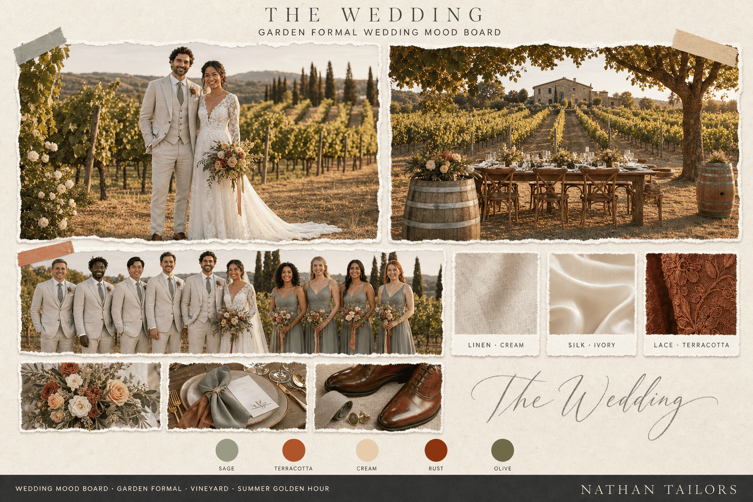 Sage, Terracotta & Cream vineyard wedding attire mood board — custom wedding attire mood board with bespoke groom suit and custom tailored bridesmaid dresses by Nathan Tailors, the Hoi An custom tailor. Sage, Terracotta & Cream palette, vineyard venue, summer golden hour light.
