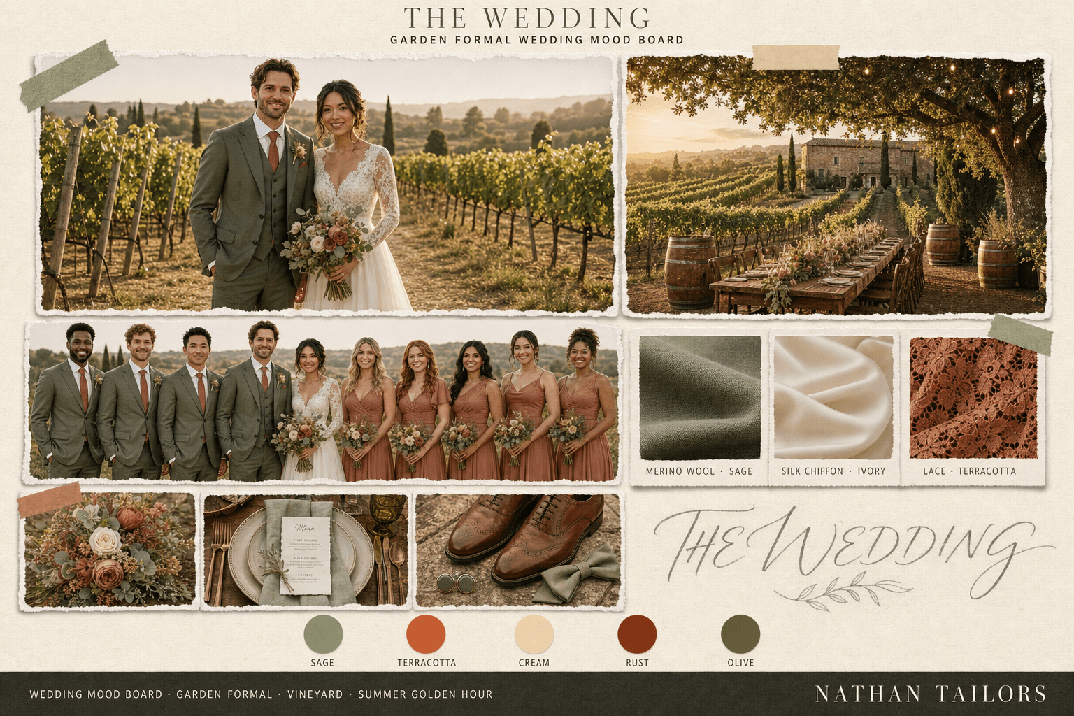 Sage, Terracotta & Cream vineyard wedding attire mood board — custom wedding attire mood board with bespoke groom suit and custom tailored bridesmaid dresses by Nathan Tailors, the Hoi An custom tailor. Sage, Terracotta & Cream palette, vineyard venue, summer golden hour light.