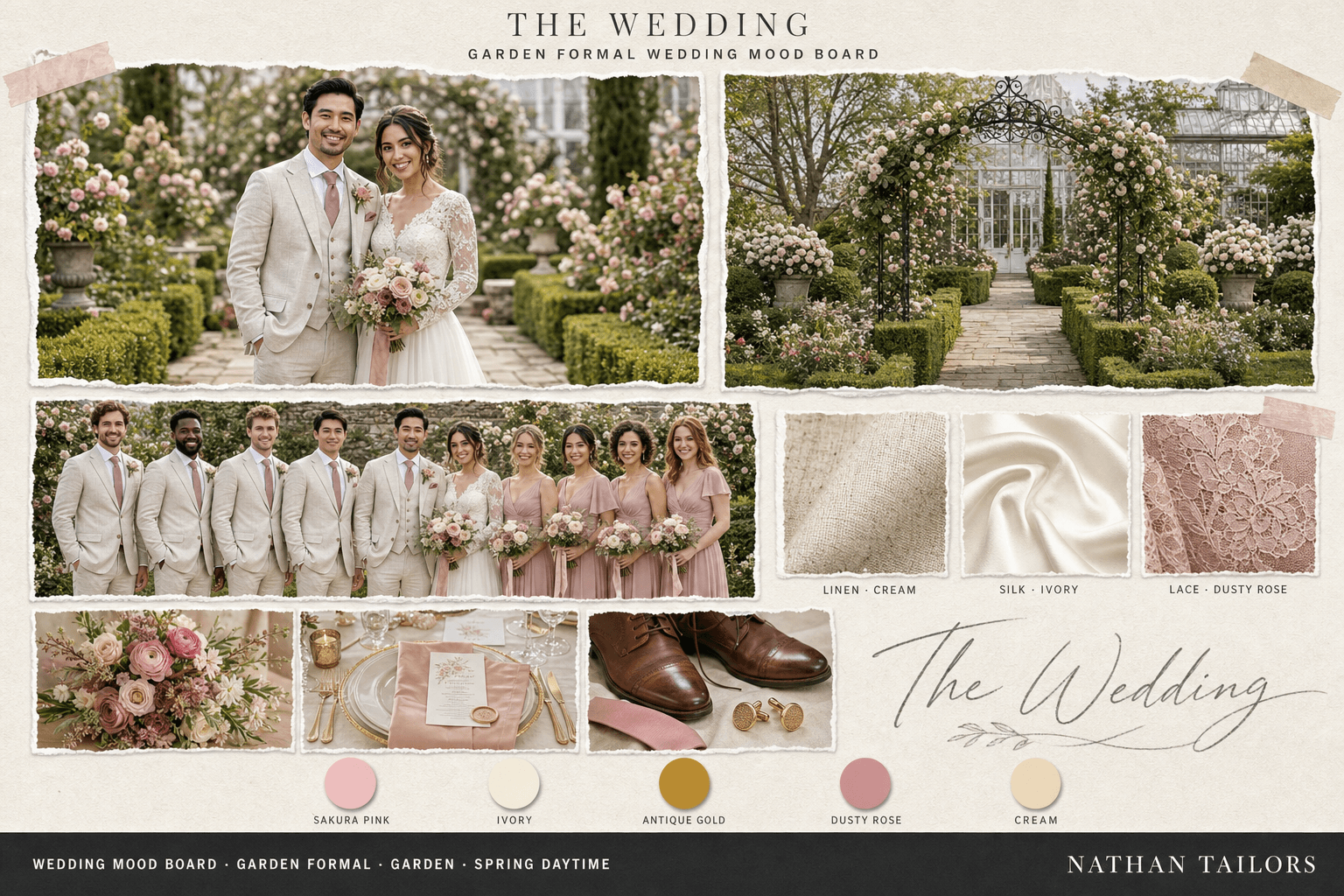 Sakura Pink, Ivory & Gold garden wedding attire mood board — custom wedding attire mood board with bespoke groom suit and custom tailored bridesmaid dresses by Nathan Tailors, the Hoi An custom tailor. Sakura Pink, Ivory & Gold palette, garden venue, spring daytime light.