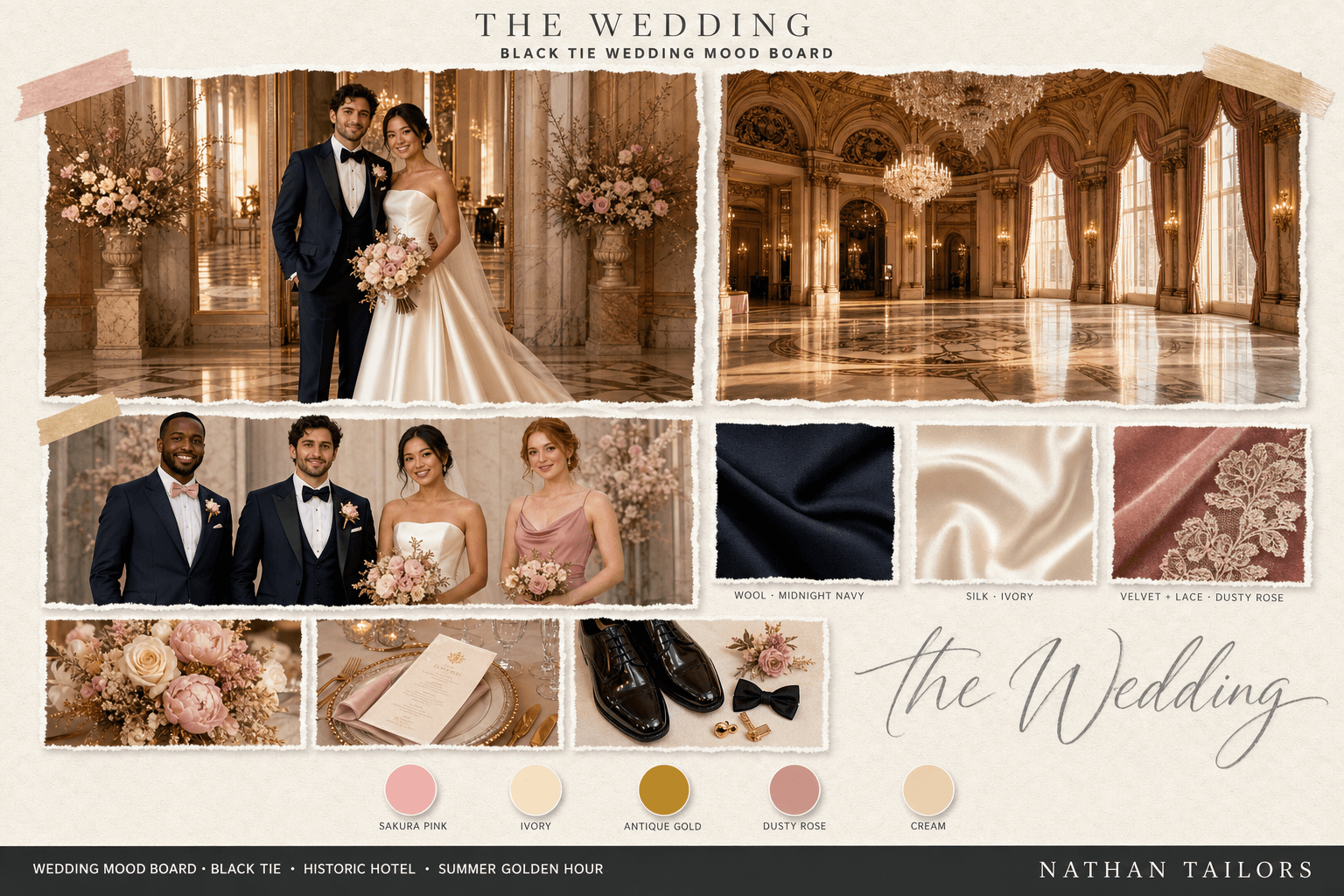Sakura Pink, Ivory & Gold historic hotel bespoke wedding attire mood board — custom tailored by Nathan Tailors, the Hoi An custom tailor