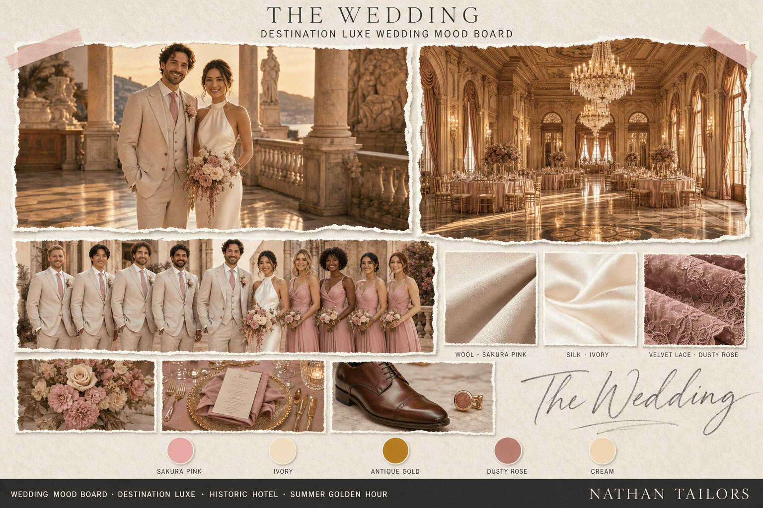 Sakura Pink, Ivory & Gold historic hotel bespoke wedding attire mood board — custom tailored by Nathan Tailors, the Hoi An custom tailor