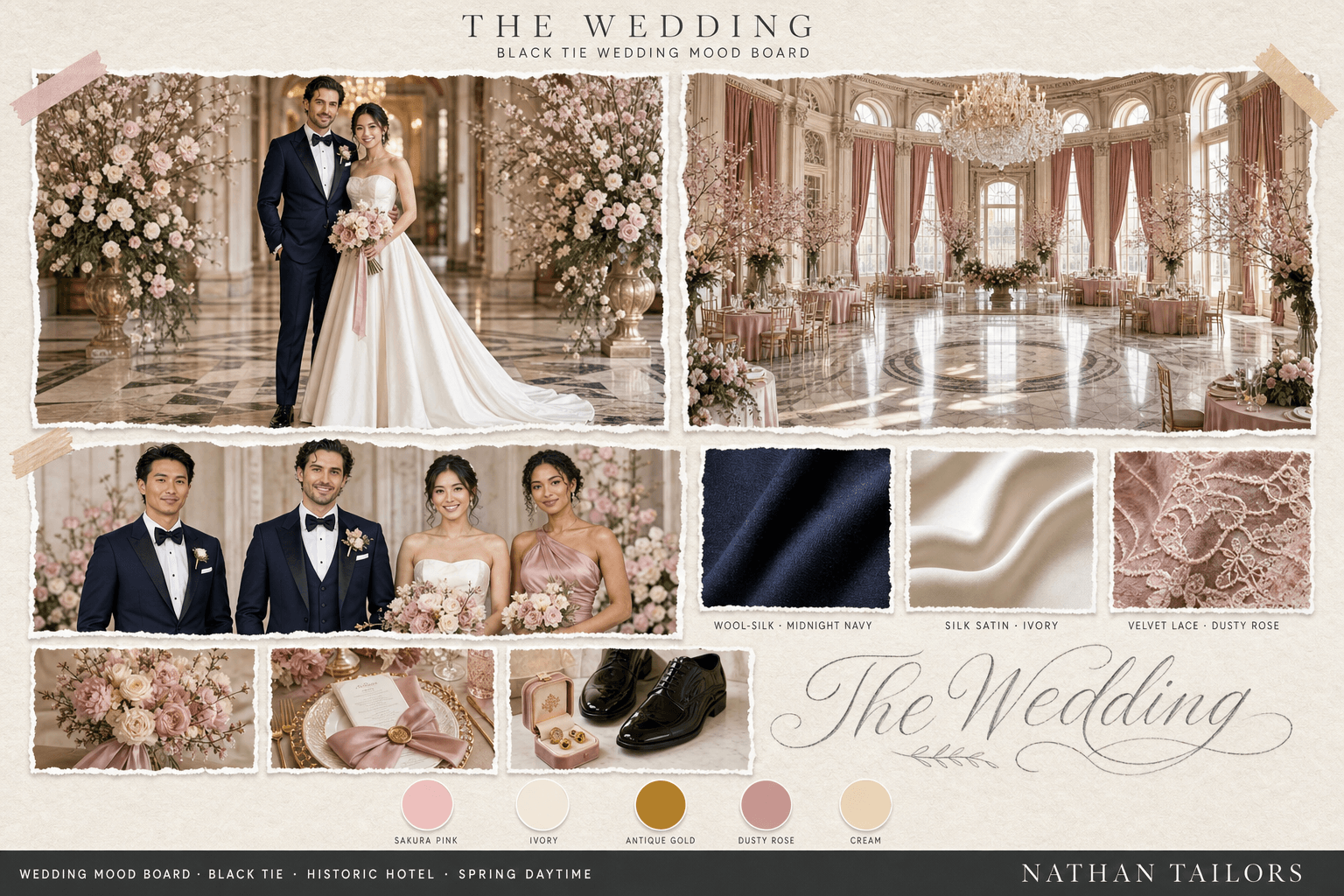 Sakura Pink, Ivory & Gold historic hotel bespoke wedding attire mood board — custom tailored by Nathan Tailors, the Hoi An custom tailor