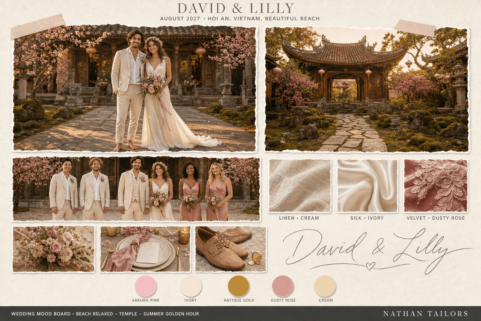 Sakura Pink, Ivory & Gold temple bespoke wedding attire mood board — custom tailored by Nathan Tailors, the Hoi An custom tailor