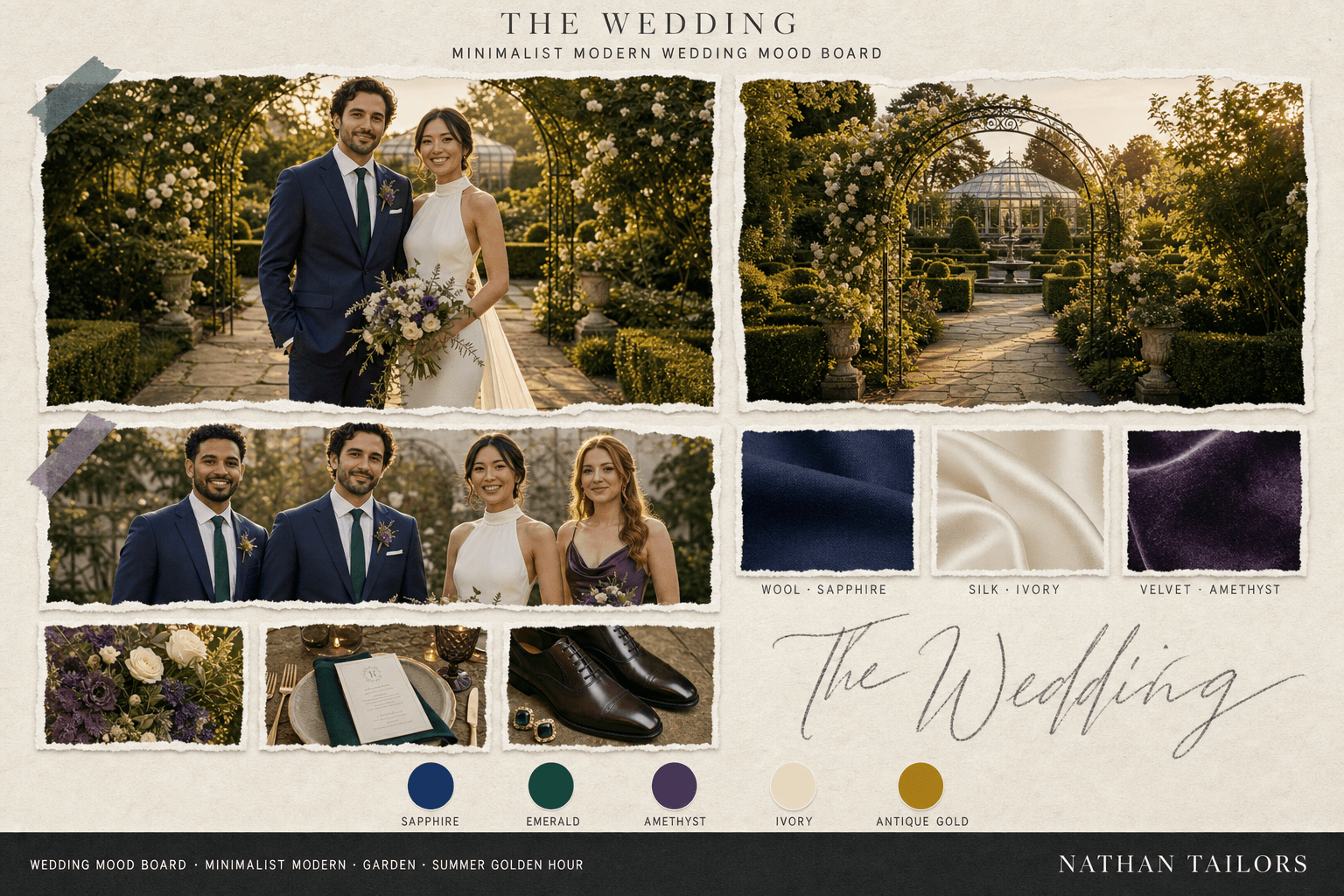 Sapphire, Emerald & Amethyst garden bespoke wedding attire mood board — custom tailored by Nathan Tailors, the Hoi An custom tailor