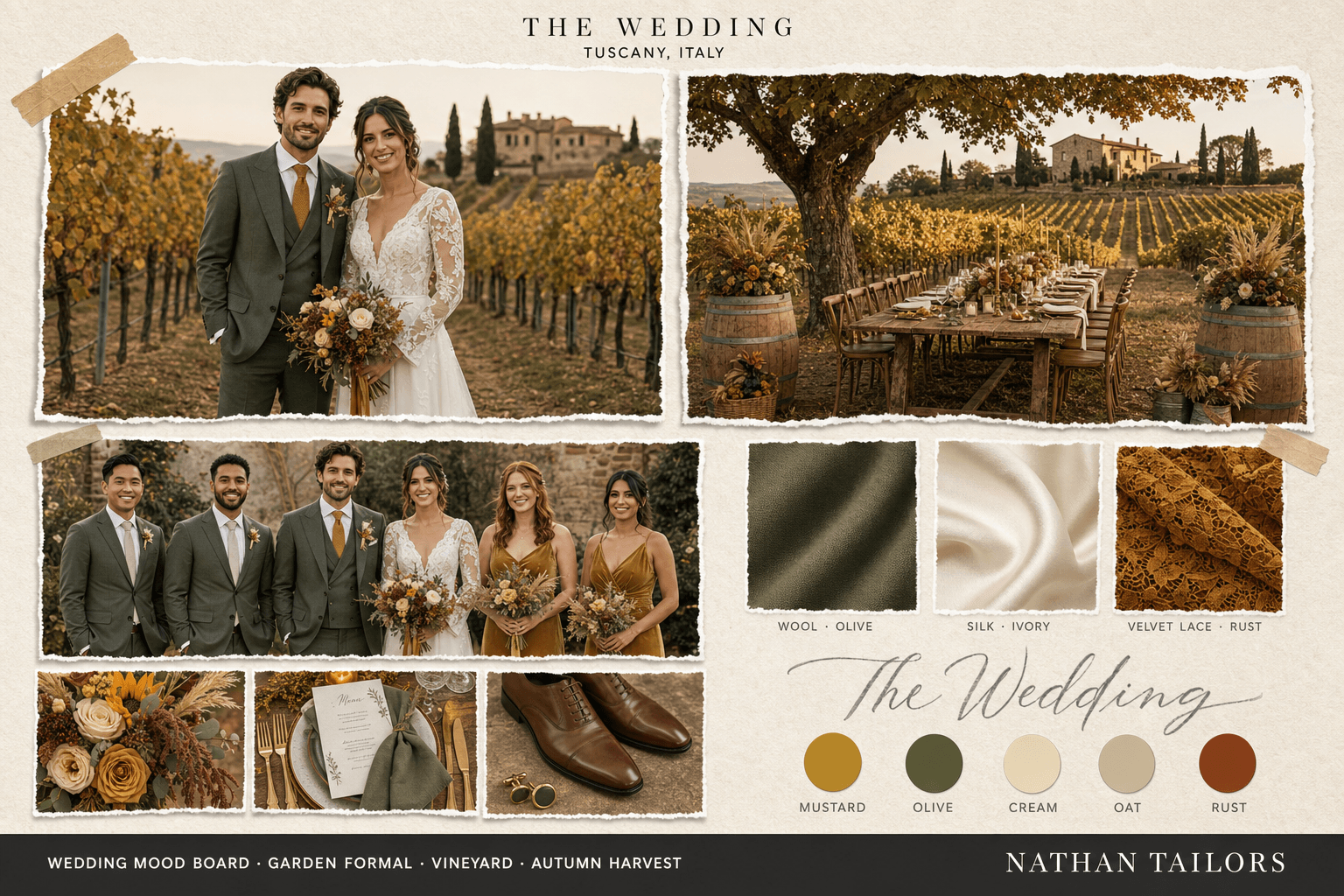 Tuscan Harvest — Mustard, Olive & Cream vineyard wedding attire mood board — custom wedding attire mood board with bespoke groom suit and custom tailored bridesmaid dresses by Nathan Tailors, the Hoi An custom tailor. Mustard, Olive & Cream palette, vineyard venue, autumn harvest light.