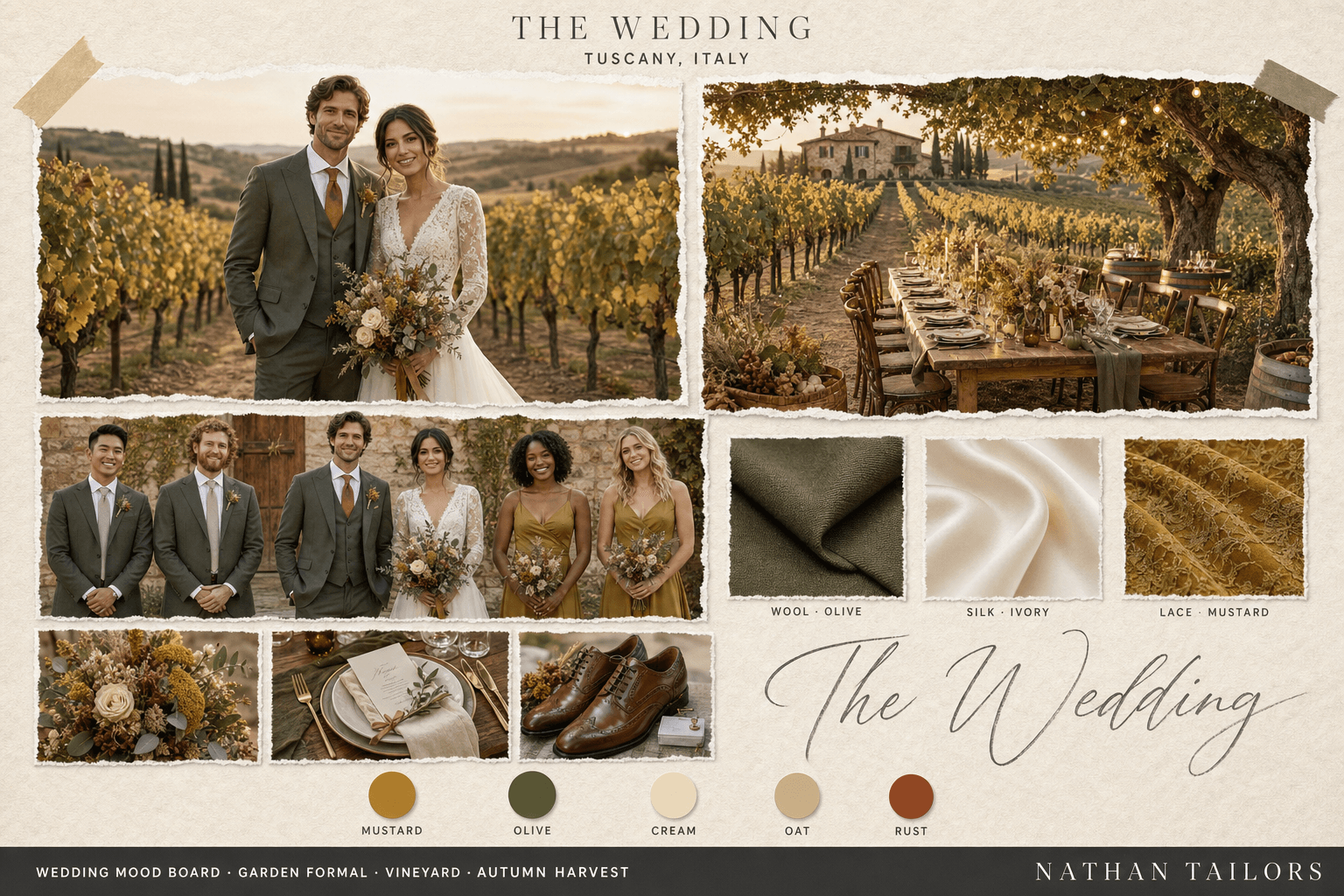 Tuscan Harvest — Mustard, Olive & Cream vineyard wedding attire mood board — custom wedding attire mood board with bespoke groom suit and custom tailored bridesmaid dresses by Nathan Tailors, the Hoi An custom tailor. Mustard, Olive & Cream palette, vineyard venue, autumn harvest light.
