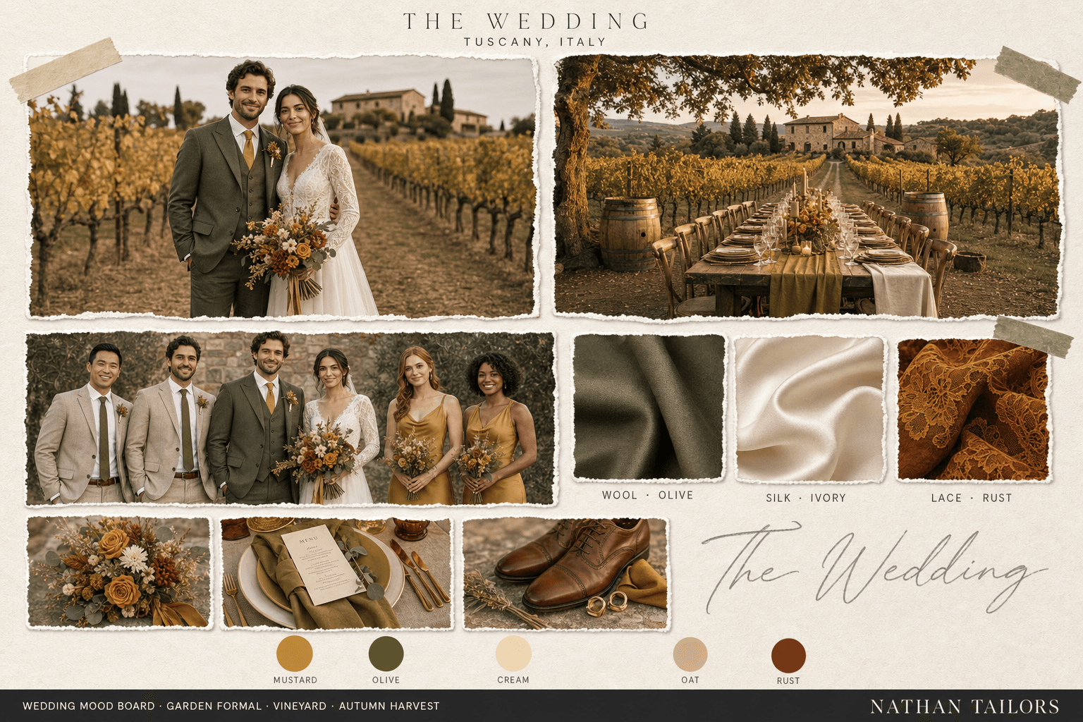 Mustard, Olive & Cream vineyard bespoke wedding attire mood board — custom tailored by Nathan Tailors, the Hoi An custom tailor