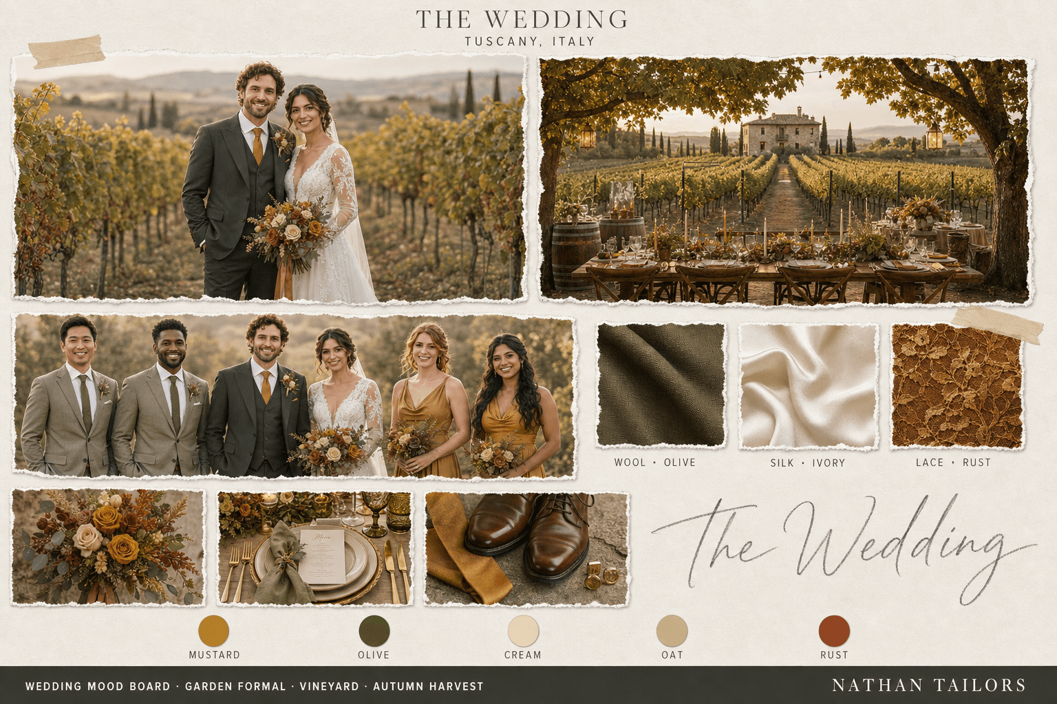 Tuscan Harvest — Mustard, Olive & Cream vineyard wedding attire mood board — custom wedding attire mood board with bespoke groom suit and custom tailored bridesmaid dresses by Nathan Tailors, the Hoi An custom tailor. Mustard, Olive & Cream palette, vineyard venue, autumn harvest light.