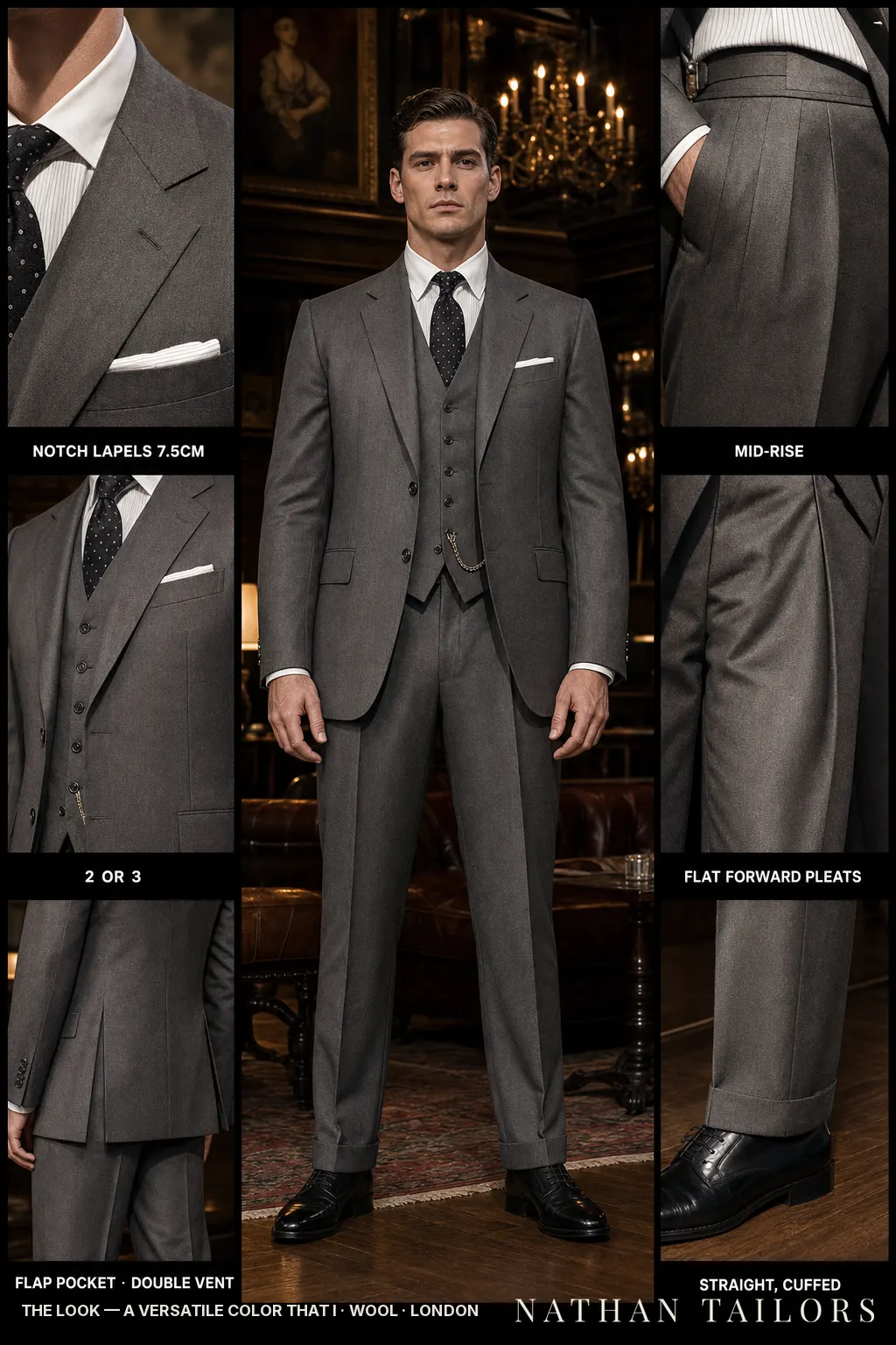 a versatile color that I single-breasted notch-lapel bespoke suit — AI-rendered by Nathan Tailors, the Hoi An custom tailor. Available as a custom tailored suit from $149.
